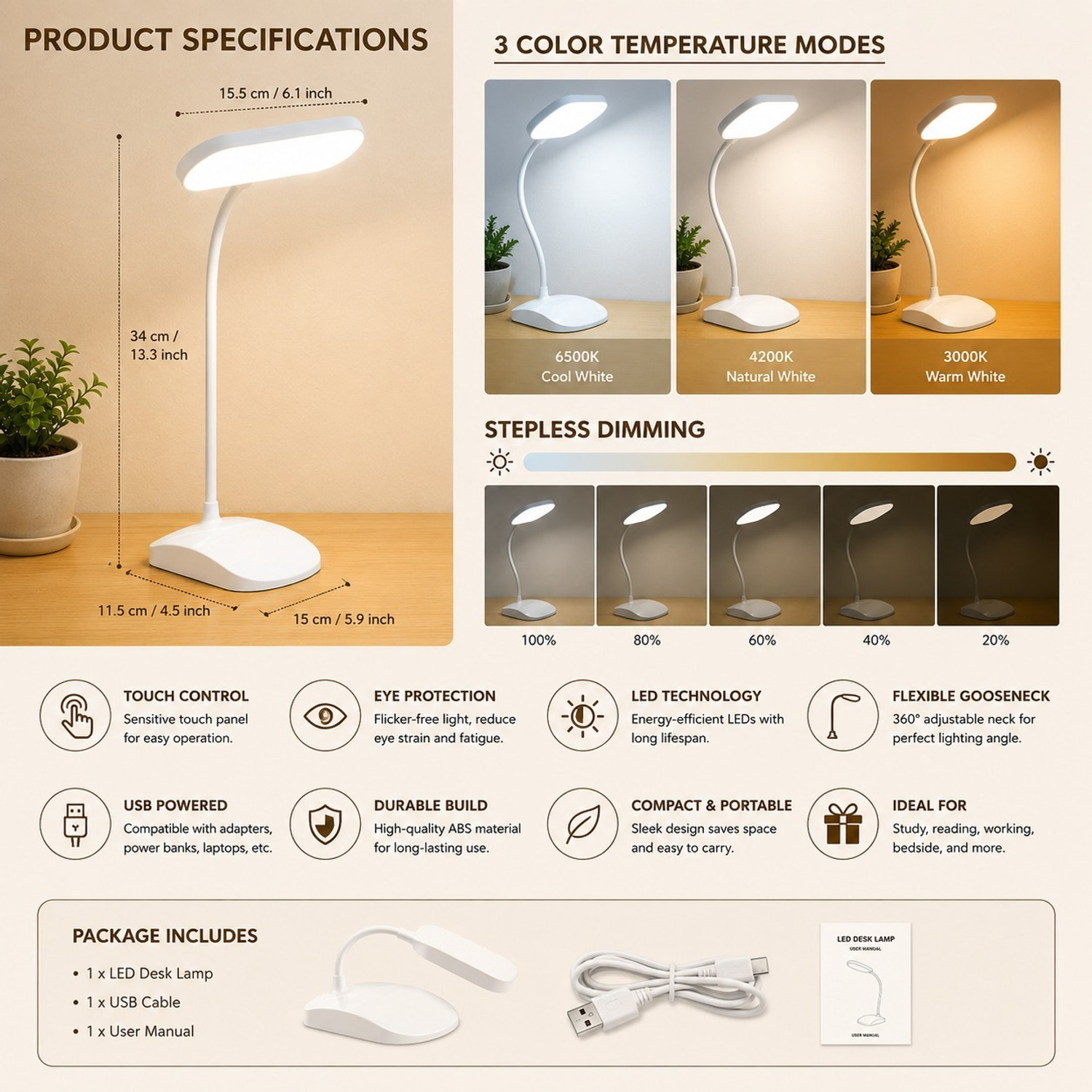 Image of One94Store SlimGlow Rechargeable LED Table Lamp with Phone Holder | 3 Light Study Lamp