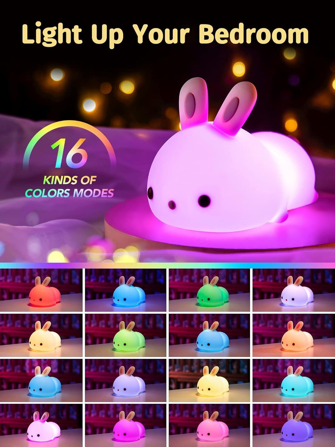 Image of HENVE Silicone Bunny Night Light,Squishy Lamp Home Decor Bedside Lamp ForKids,Nursery Night Lamp