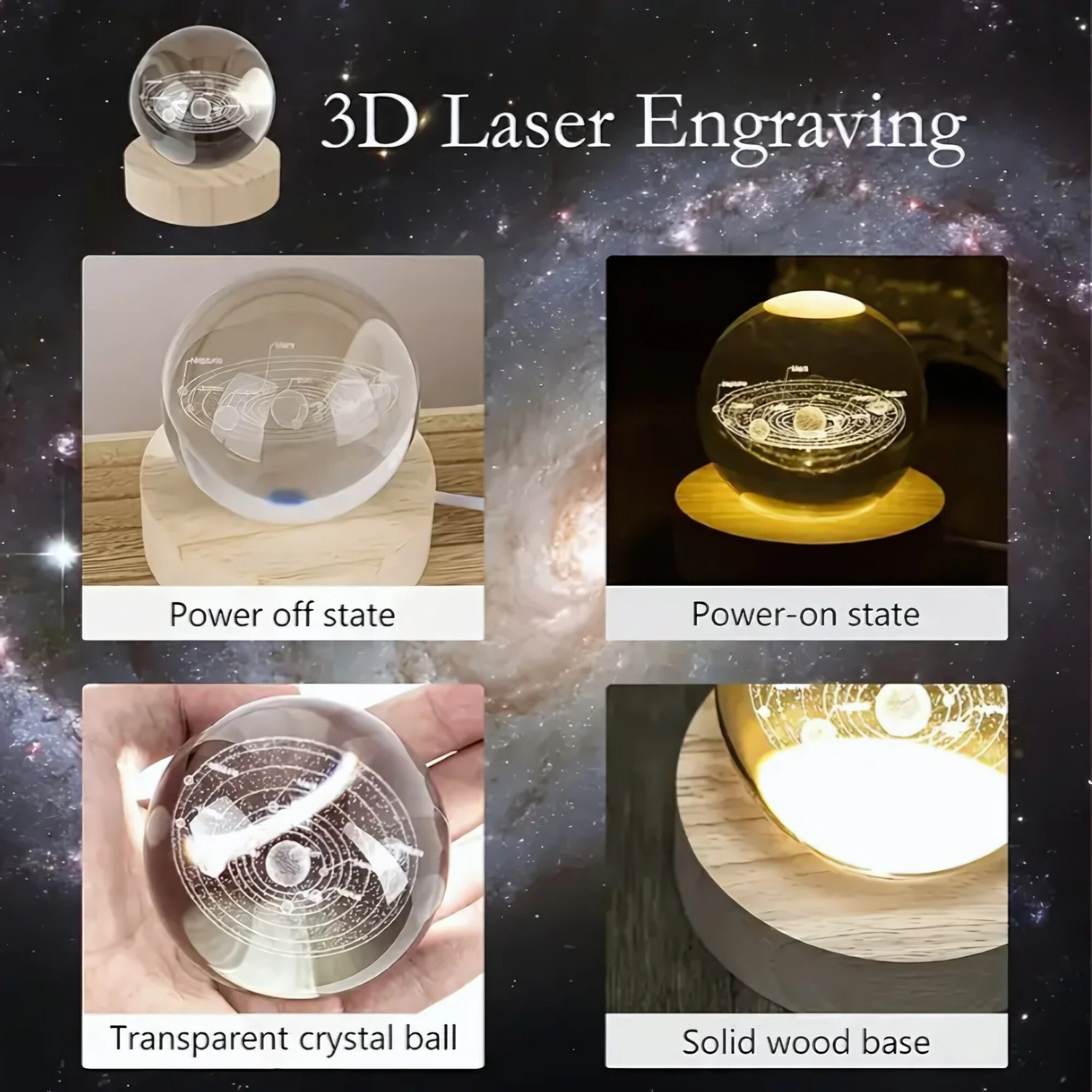 Image of MANSAA 3D Crystal Universe Night Lamp with Wooden Base for Living Room & Table Decor Night Lamp