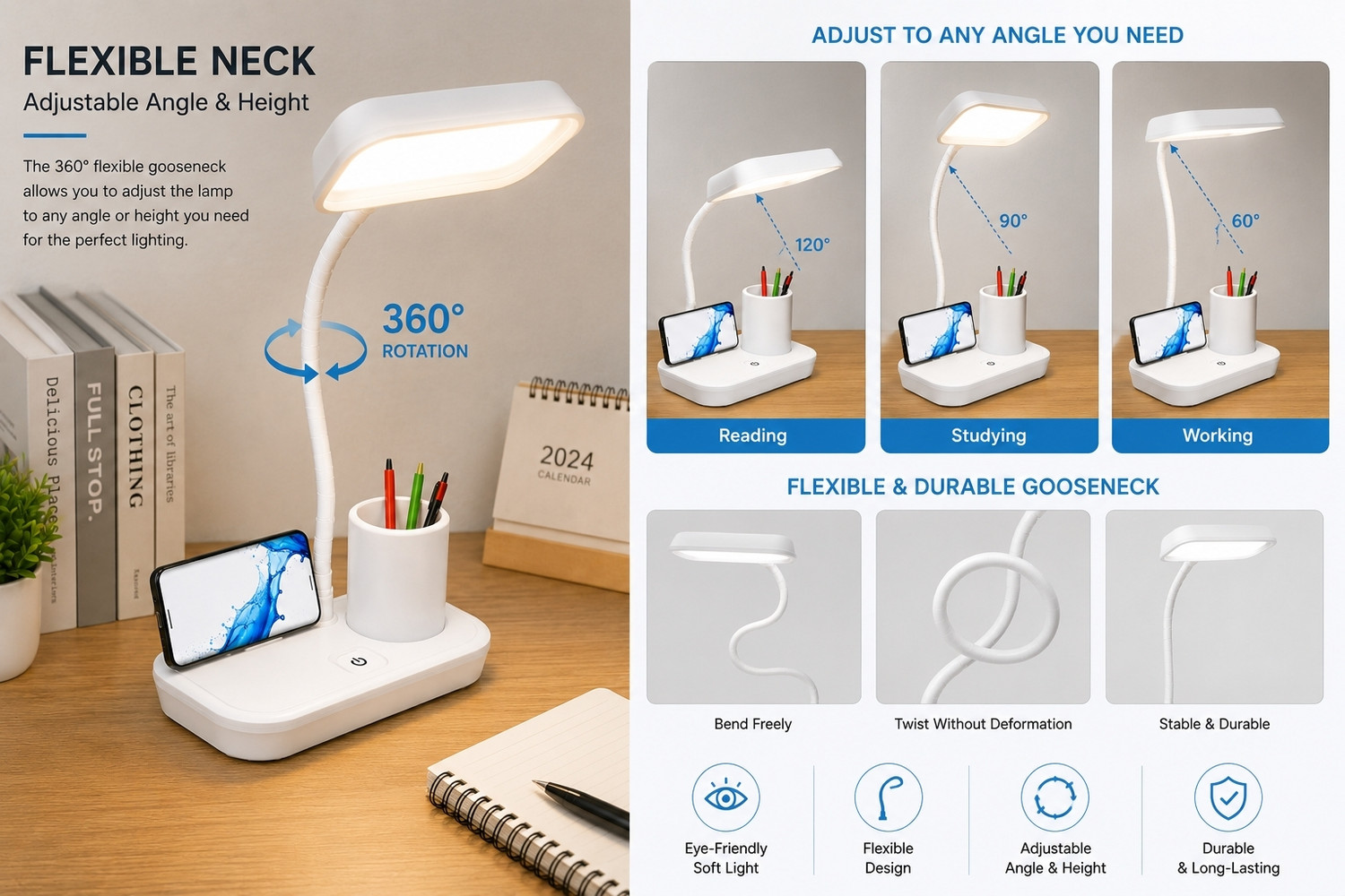 Image of Osring VELORANEST Rechargeable 3 Color Mode, LED Table /Study Lamp White Study Lamp