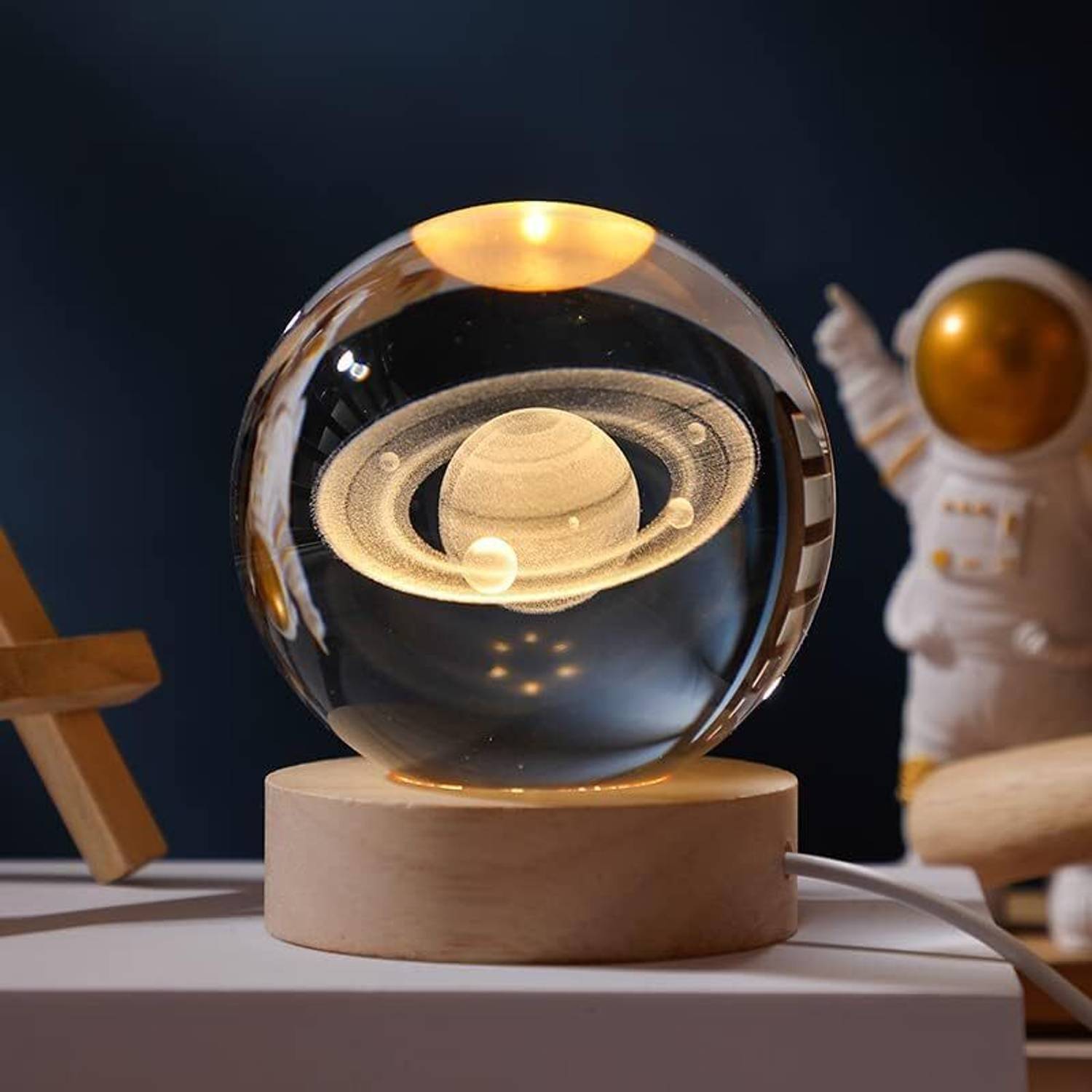 ECOBSY SATURN 3D Crystal Ball Night Light with Wooden Base 2.4 Inch Glass Ball Night Lamp