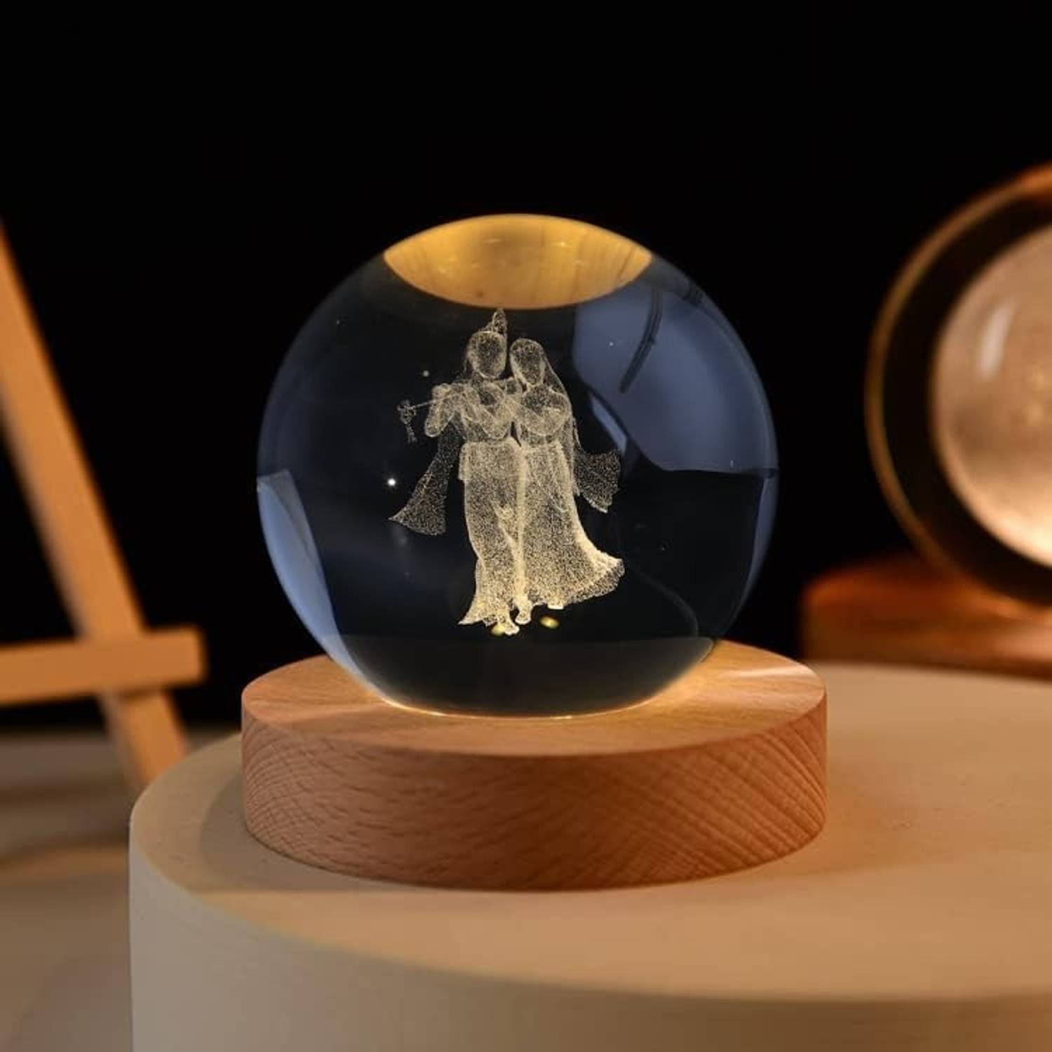 Divine Creations 3D Crystal Radha Krishna Lamp with Wooden LED Ba