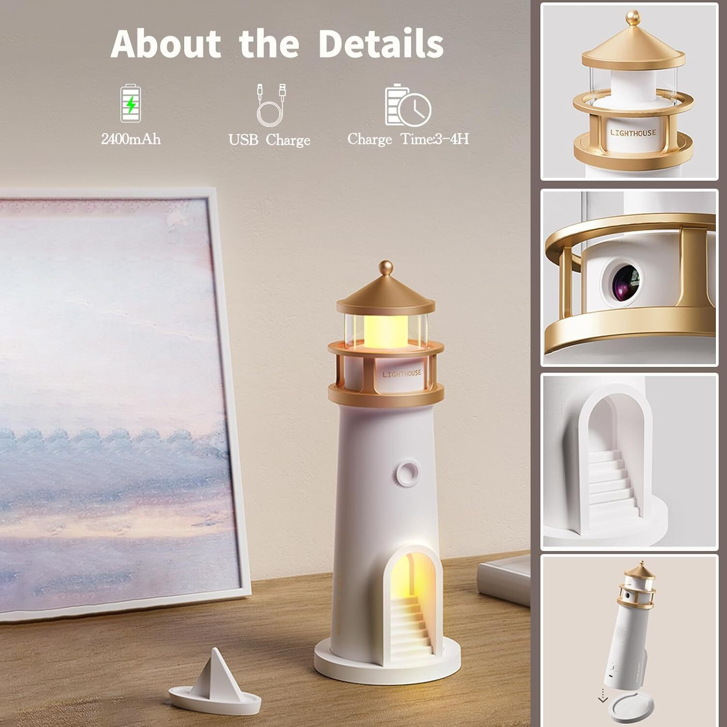 Image of NAIRO Lighthouse Night Light | USB Charging | Moon Projection Lamp for Room Decor,Gift Table Lamp