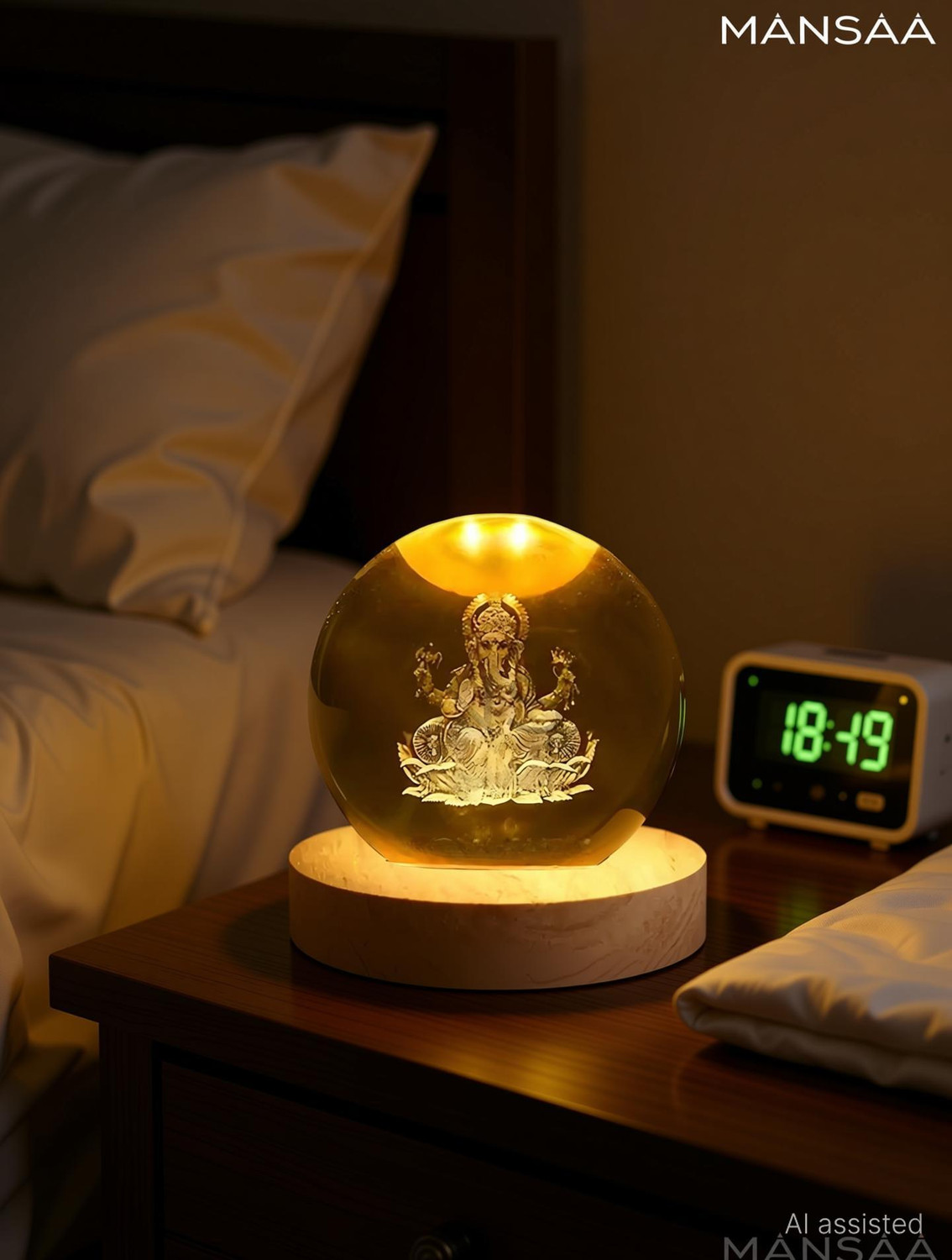 Image of MANSAA 3D Crystal Ganesh Ji LED Night Lamp with Wooden Base | 18M Warranty Night Lamp