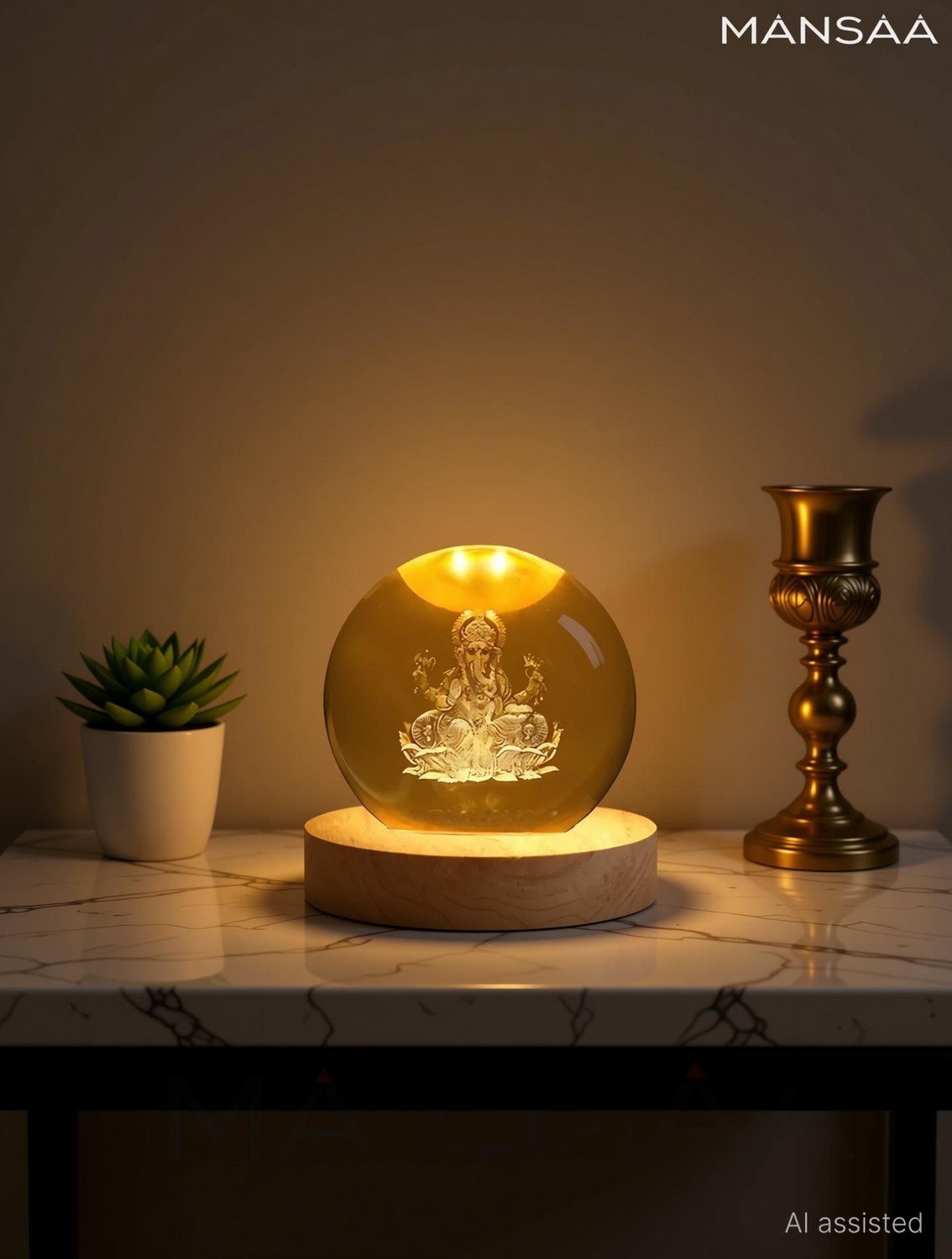 Image of MANSAA 3D Crystal Ganesh Ji LED Night Lamp with Wooden Base | 18M Warranty Night Lamp