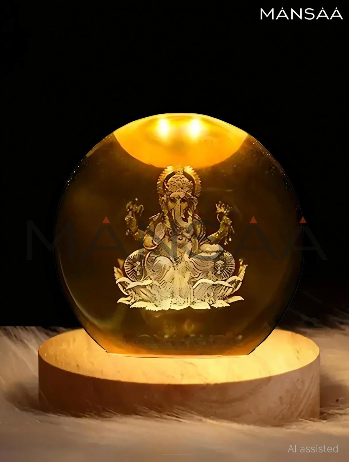 Image of MANSAA 3D Crystal Ganesh Ji LED Night Lamp with Wooden Base | 18M Warranty Night Lamp