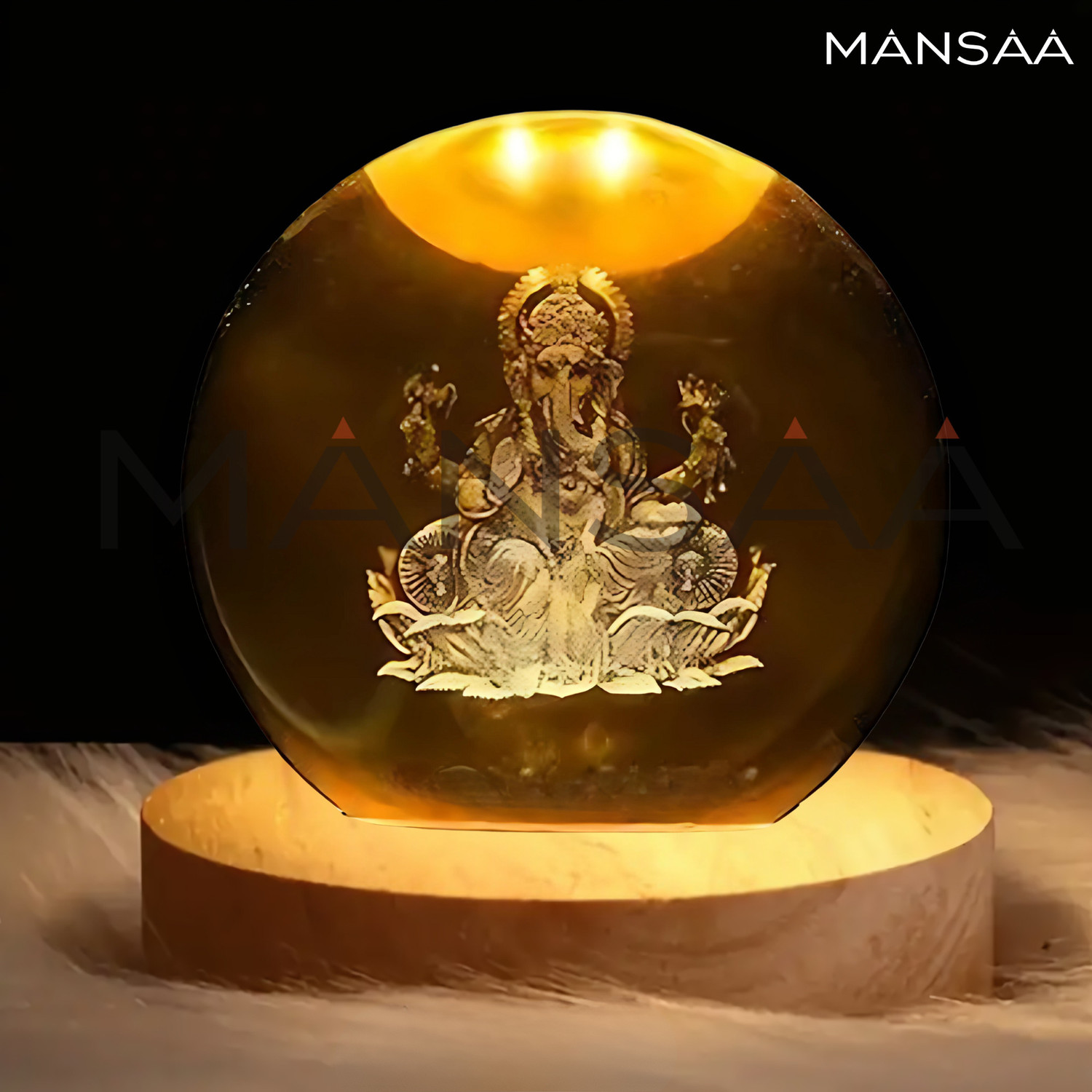Image of MANSAA 3D Crystal Ganesh Ji LED Night Lamp with Wooden Base | 18M Warranty Night Lamp