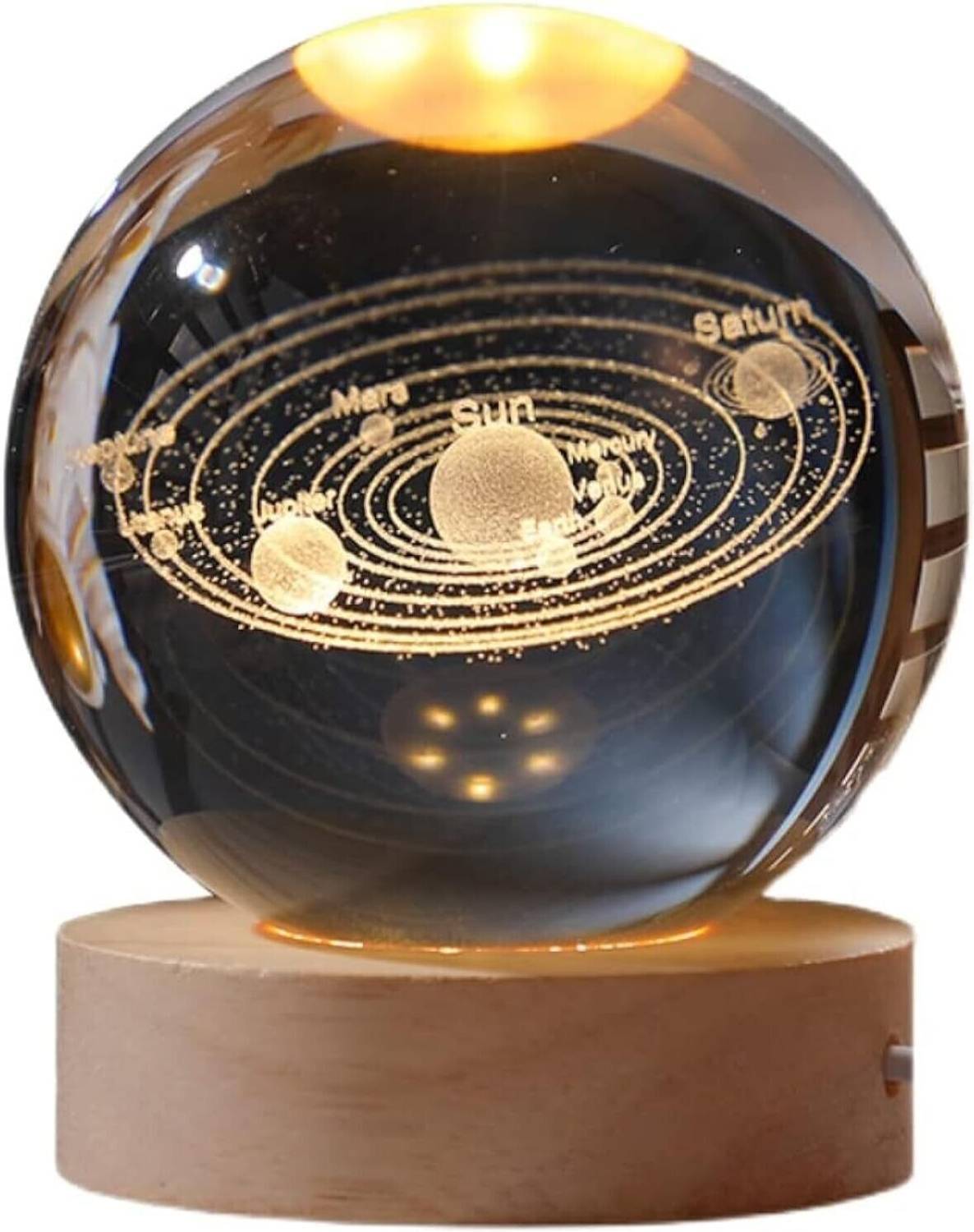 SHOPOGENIX 3D Solar System Crystal Ball Lamp with Wooden Base USB