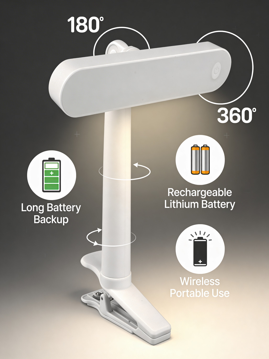 Image of FOKRIM 3 color mode Rechargeable with Touch Sensor on /off, 360 Degree Rotating Study Lamp (15 cm, White)