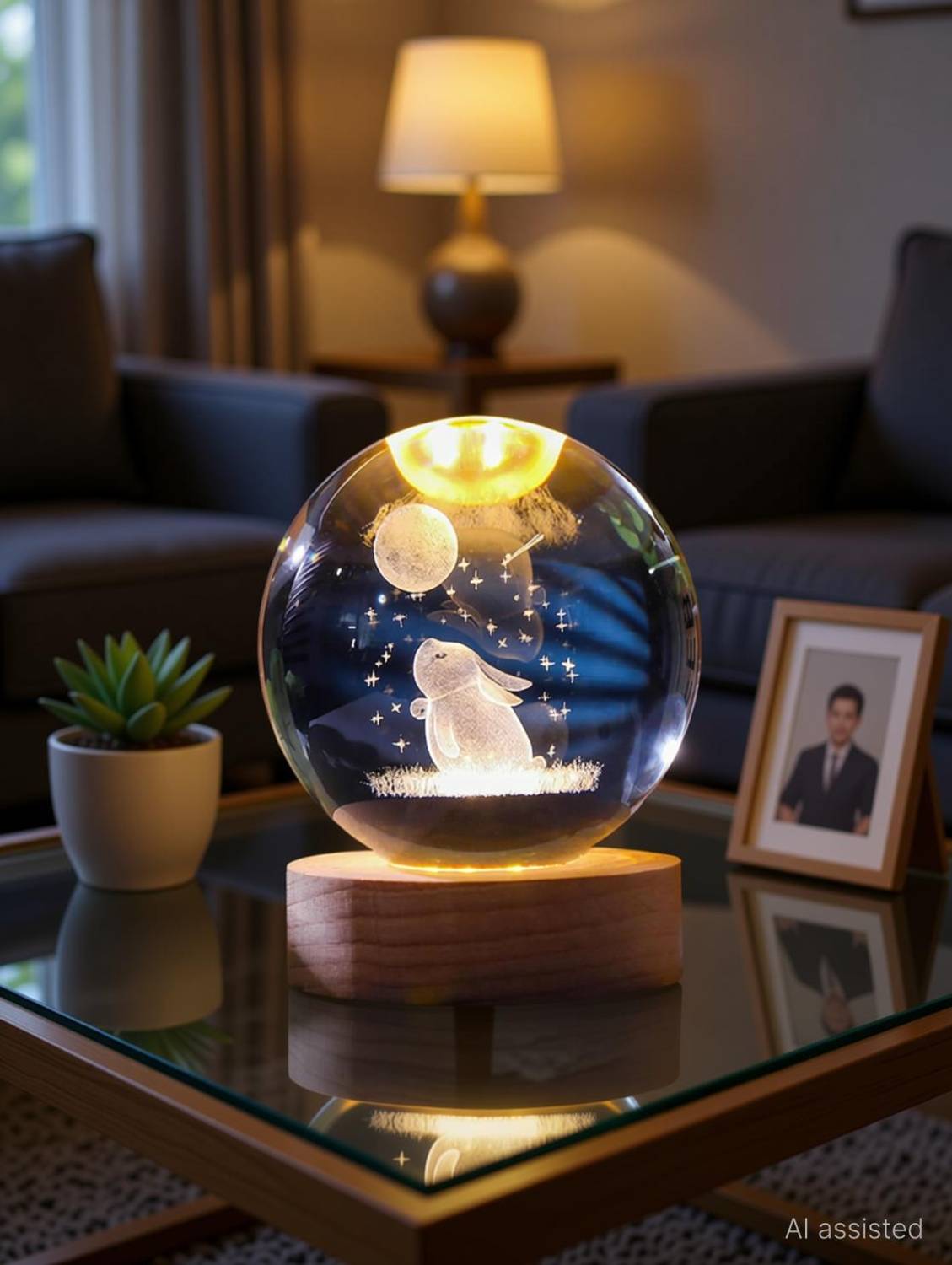 AADGEX LED Wooden Base 3D Rabbit & Moon Crystal Ball Light Gift For Friends & Family Table Lamp
