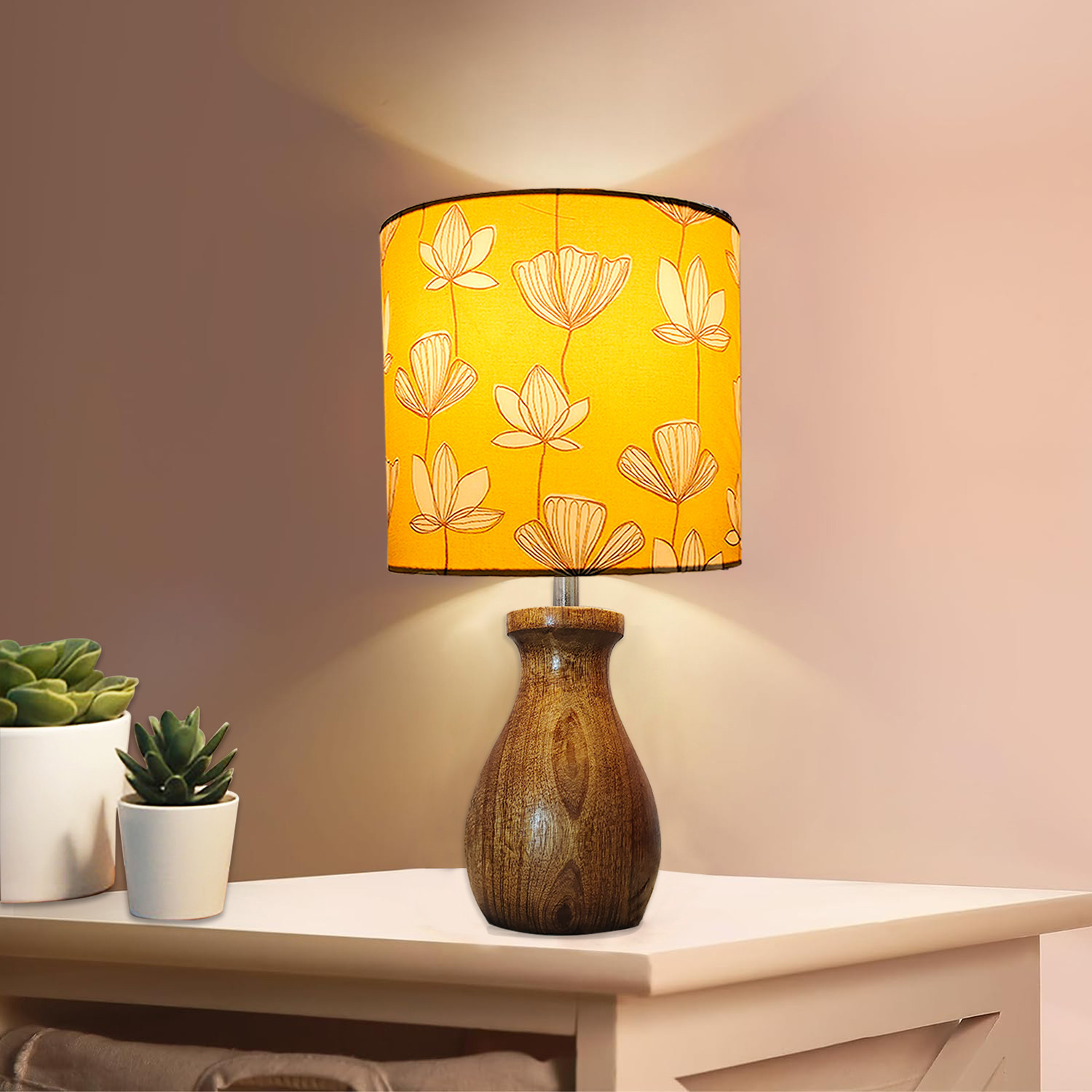 Image of Homesake Dovel Pot Modern Table Lamp, Wooden Base Fabric Lampshade Home Cafe ,Hibiscus Table Lamp