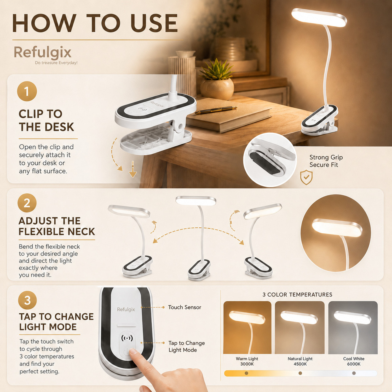 Image of Refulgix Rechargeable LED Clip Lamp, Flexible Neck Study Light for Desk, Bedside & Office Study Lamp