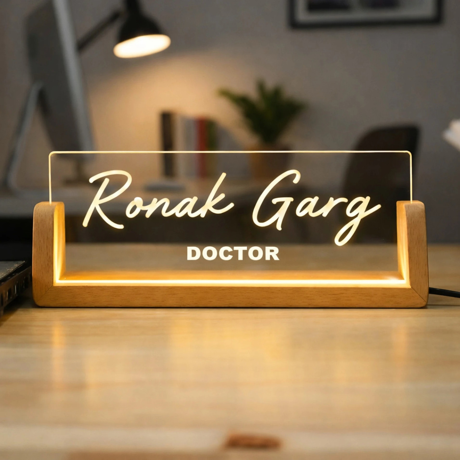 Image of Ishanvi Enterprises Premium LED Acrylic Desk Name Plate with Wooden Stand Table Lamp