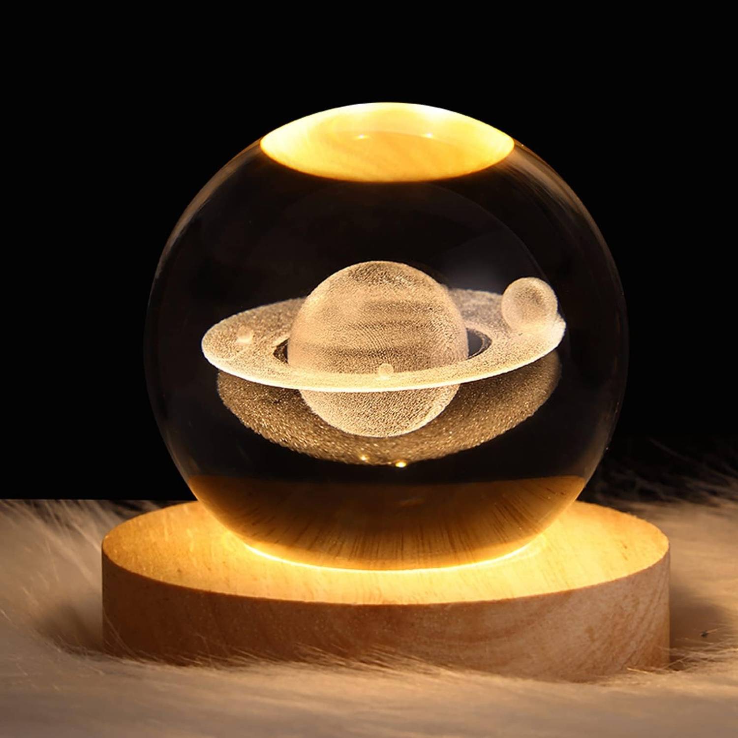 Divine Creations 3D Saturn Crystal Ball Lamp with Wooden LED Base