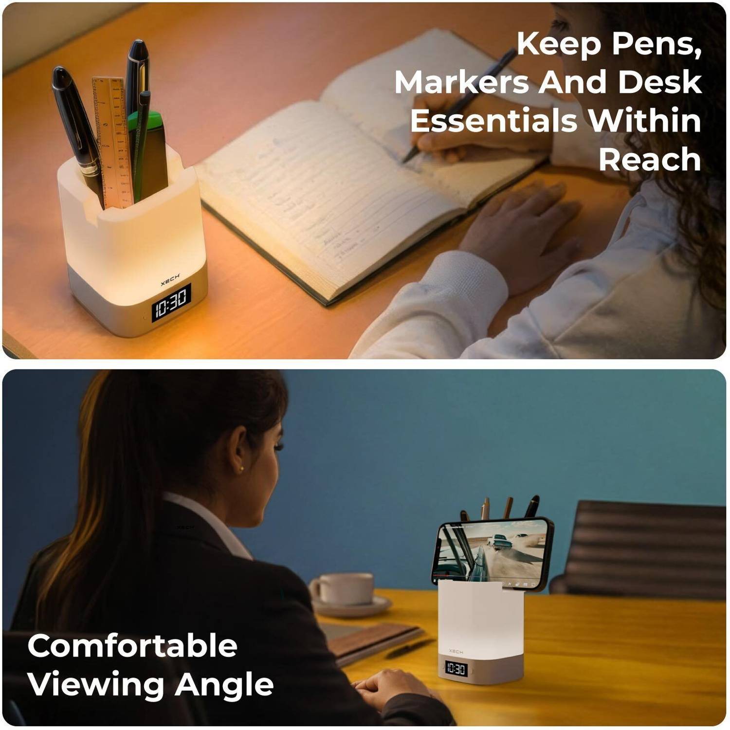 xech Rechargeable Desk Lamp with Clock & Mobile Holder - Image 5