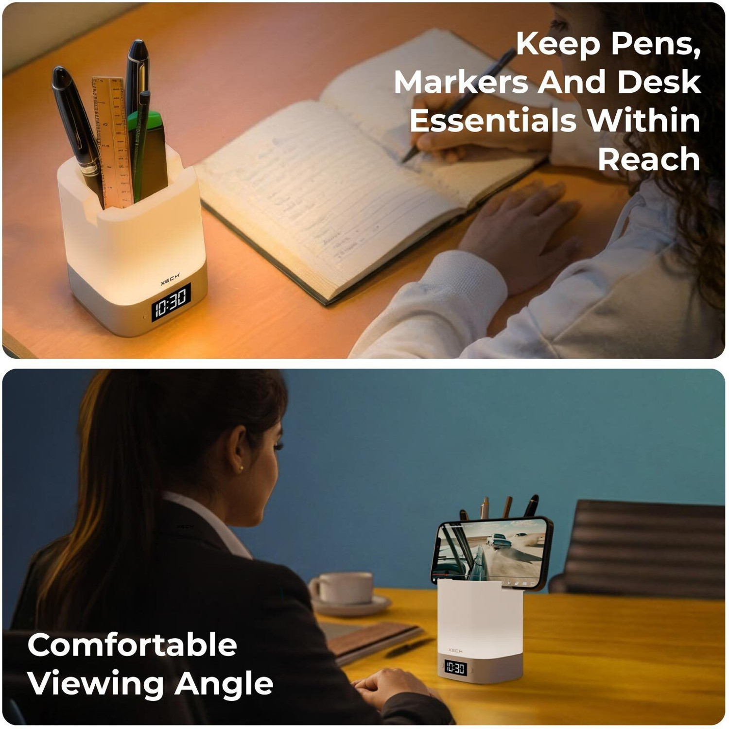 Image of xech Rechargeable Desk lamp Digital Clock 3 Color Tones & Mobile Holder NOVADIGITAL Night Lamp