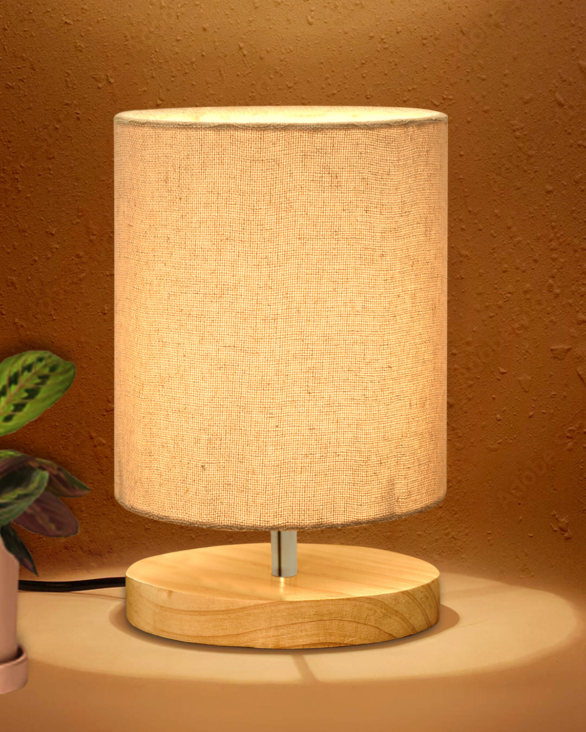 Image of Homesake Pine Wood Bedside Lamp, Linen Shade, Mini Nightstand Light, Jute Cylinder Table Lamp