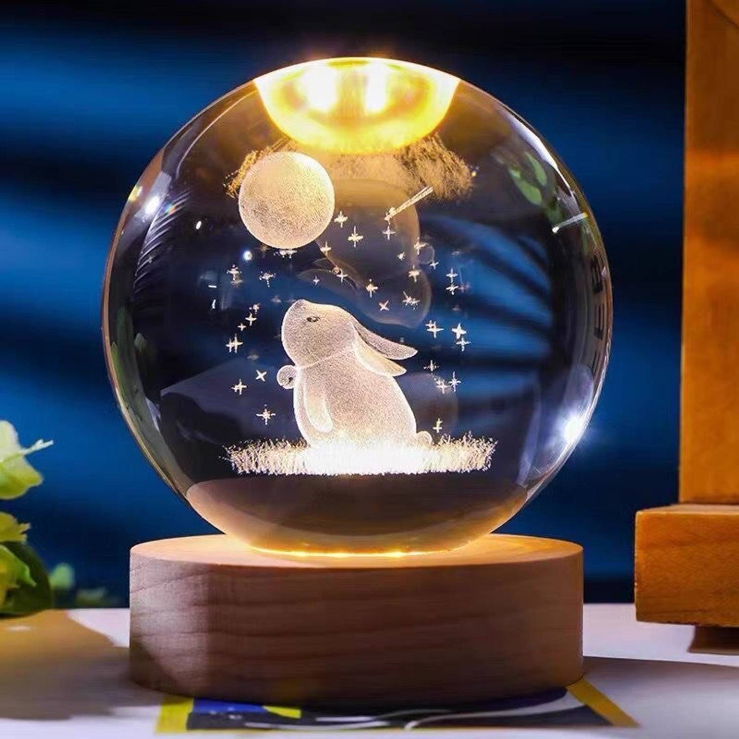 SHOPOGENIX Moon Rabbit Crystal Ball 2.4" Glass Globe with LED Woo