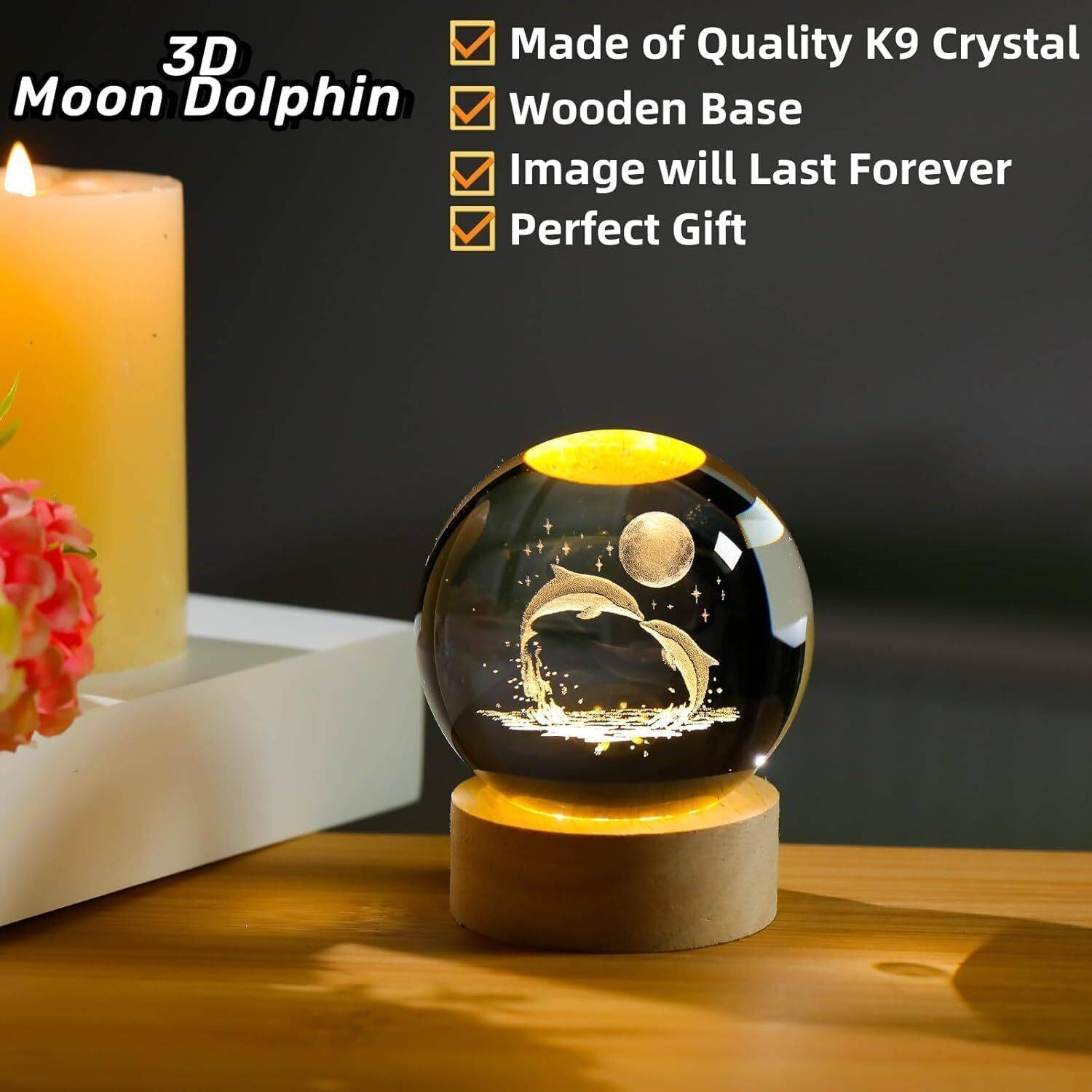 SHOPOGENIX 3D Dolphin 60mm Crystal Ball Night Light With LED Wood