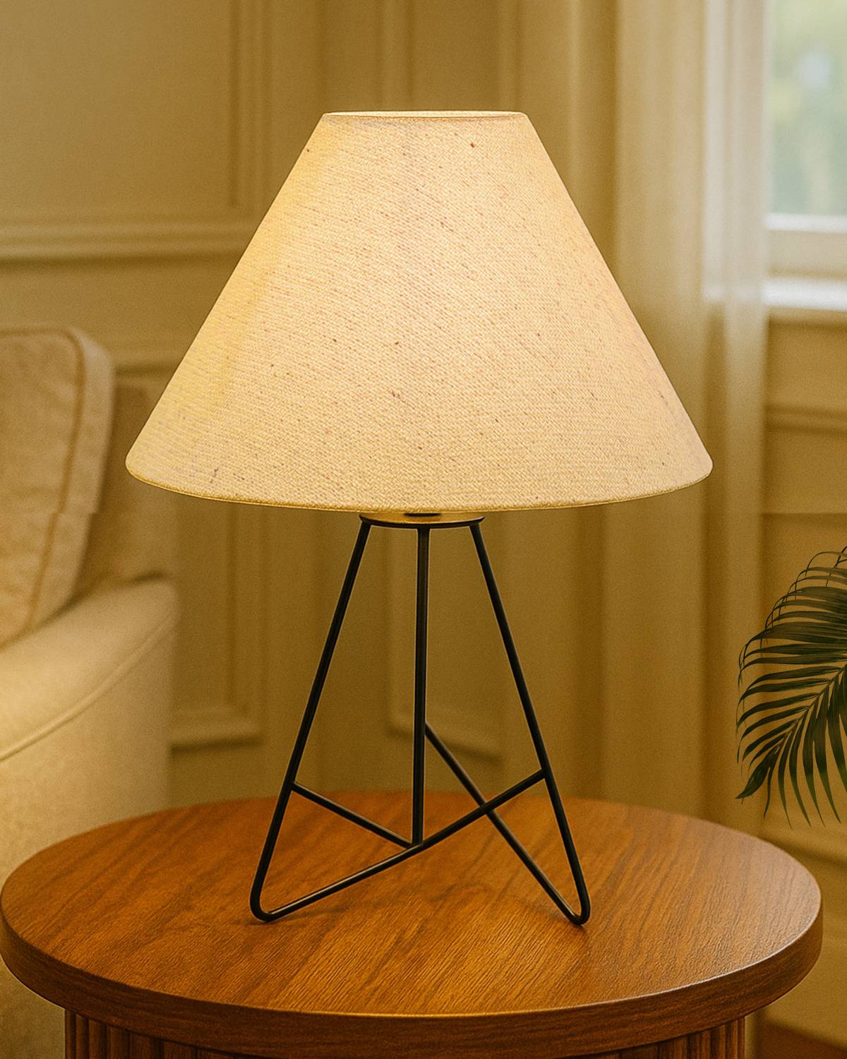 Glowhere Retro Matt Black Wire Table Lamp, Beige Cone Shade for L
