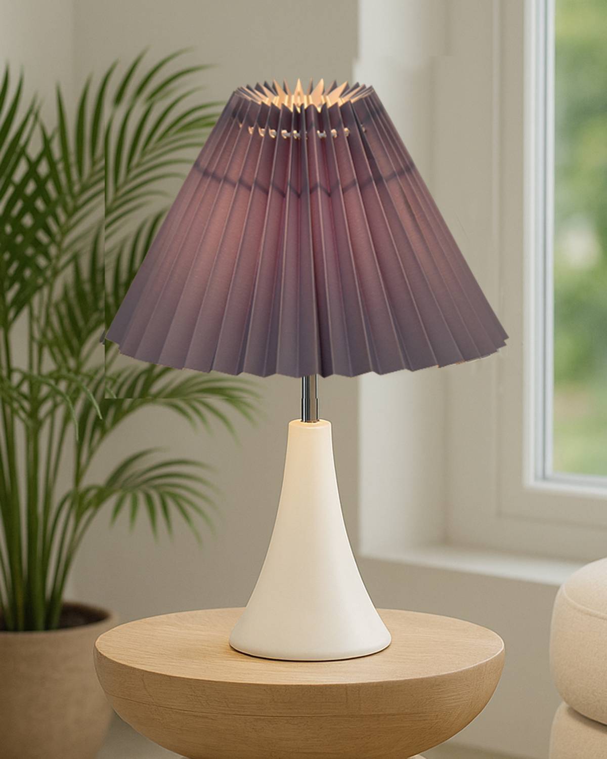 Glowhere Matte White Bedside Lamp, Pleated Grey Fabric Shade, E27