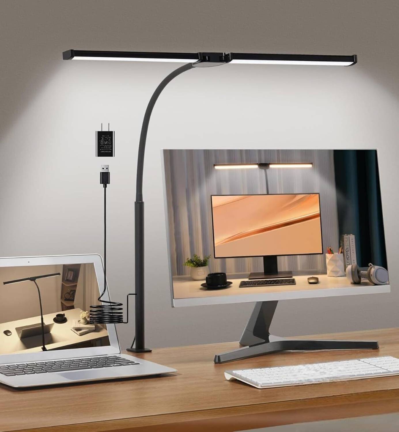 XERGY Double Head LED Desk Clamp Lamp Light- with Adjustable Arms