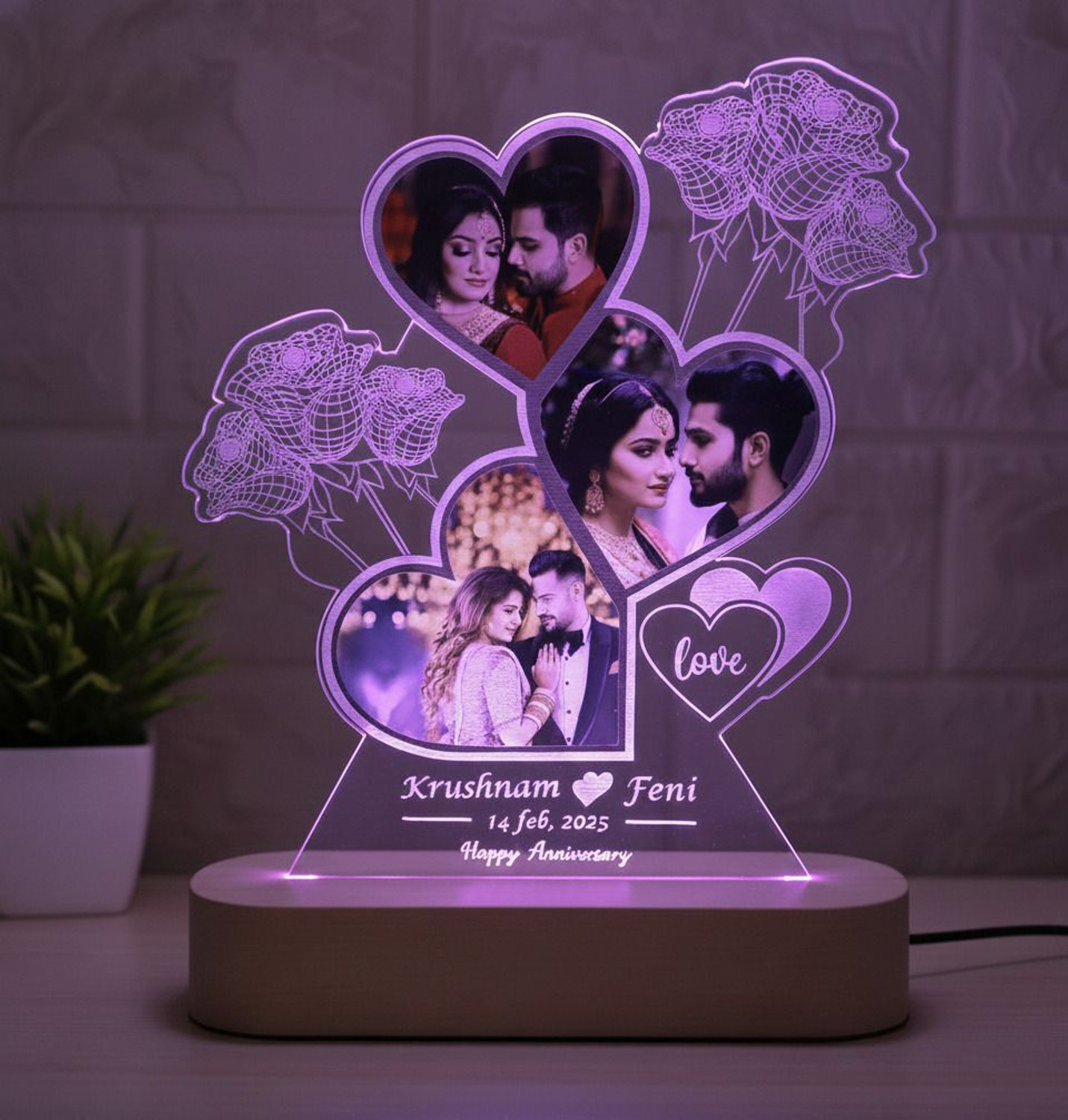 Image of Shayona Customized LED Lamp with Name & Date Heart-Shaped Design with Roses Anniversary Table Lamp (22 cm, Multicolor)