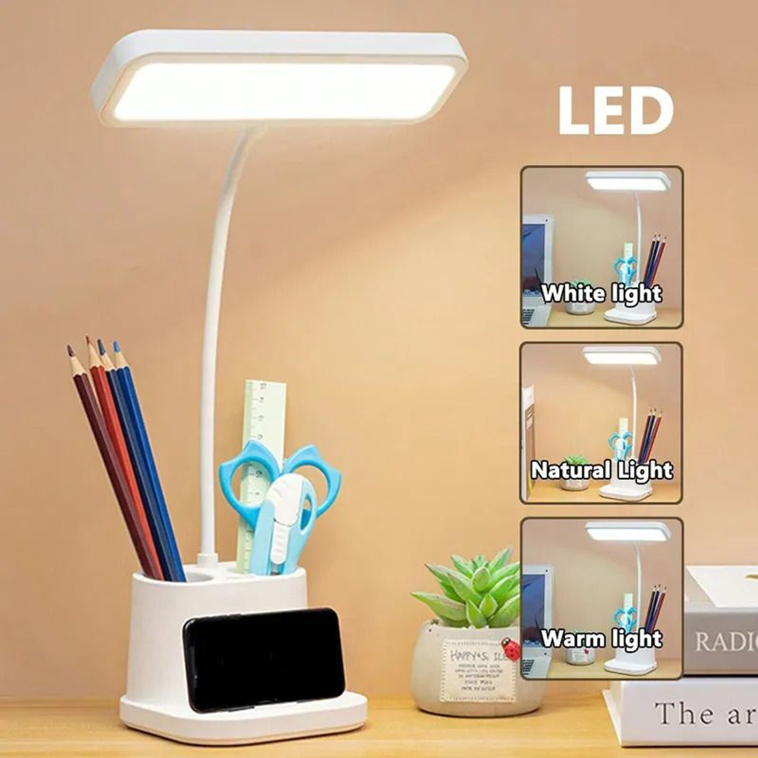 Image of FIRSTLIKE Powerful Rechargeable lamp with Pen Holder 3 Mode Lights Mobile Stand Desk Lamp Study Lamp