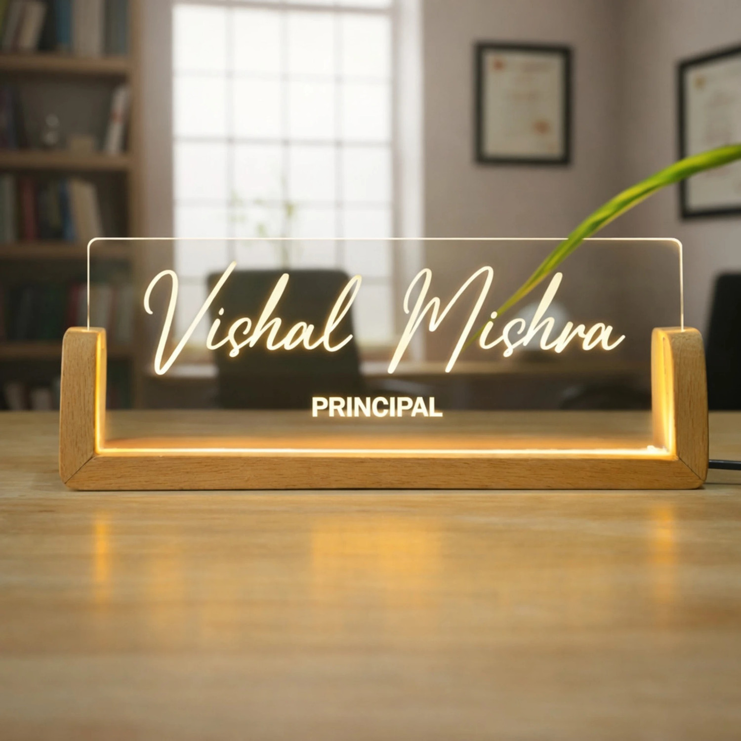 Image of Ishanvi Enterprises Premium LED Acrylic Desk Name Plate with Wooden Stand Table Lamp