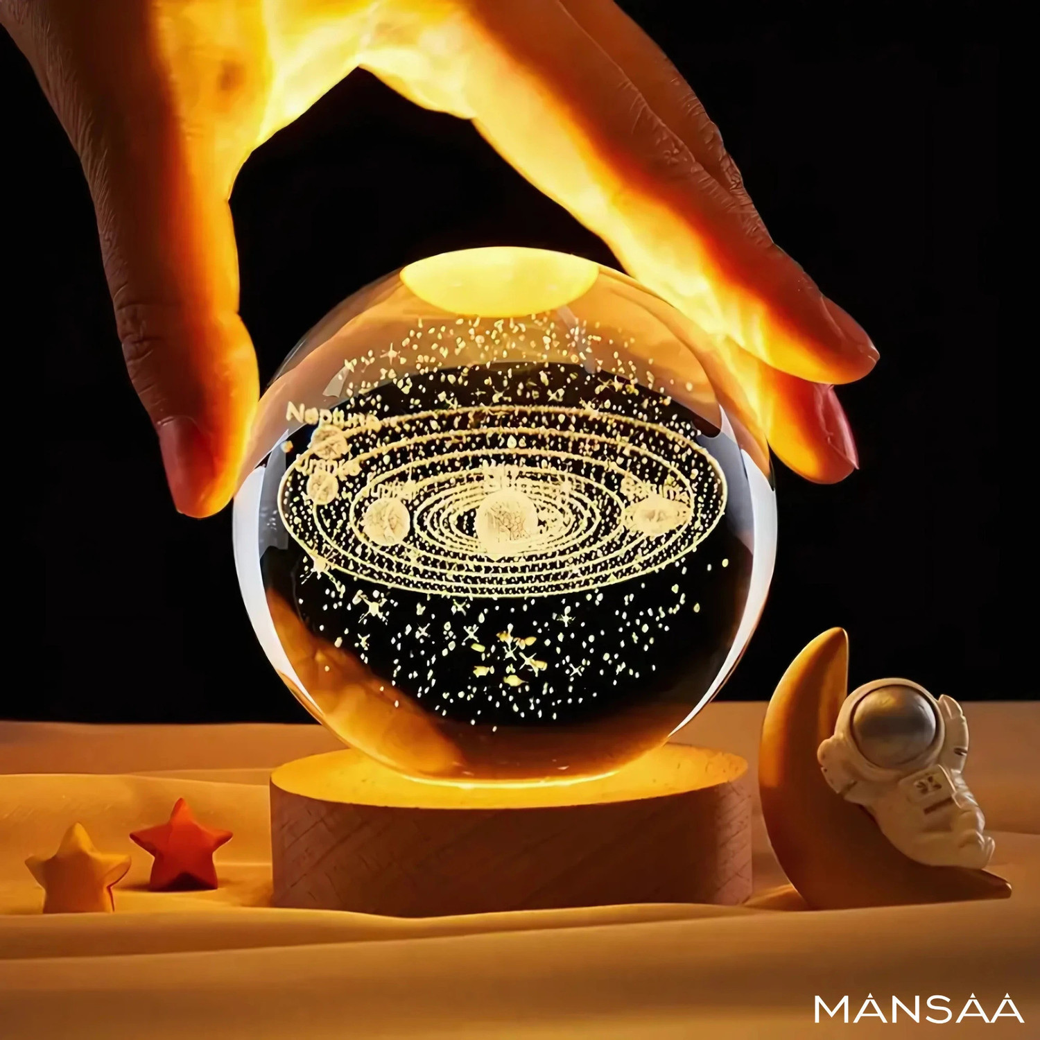 Image of MANSAA 3D Crystal Universe Night Lamp with Wooden Base for Living Room & Table Decor Night Lamp