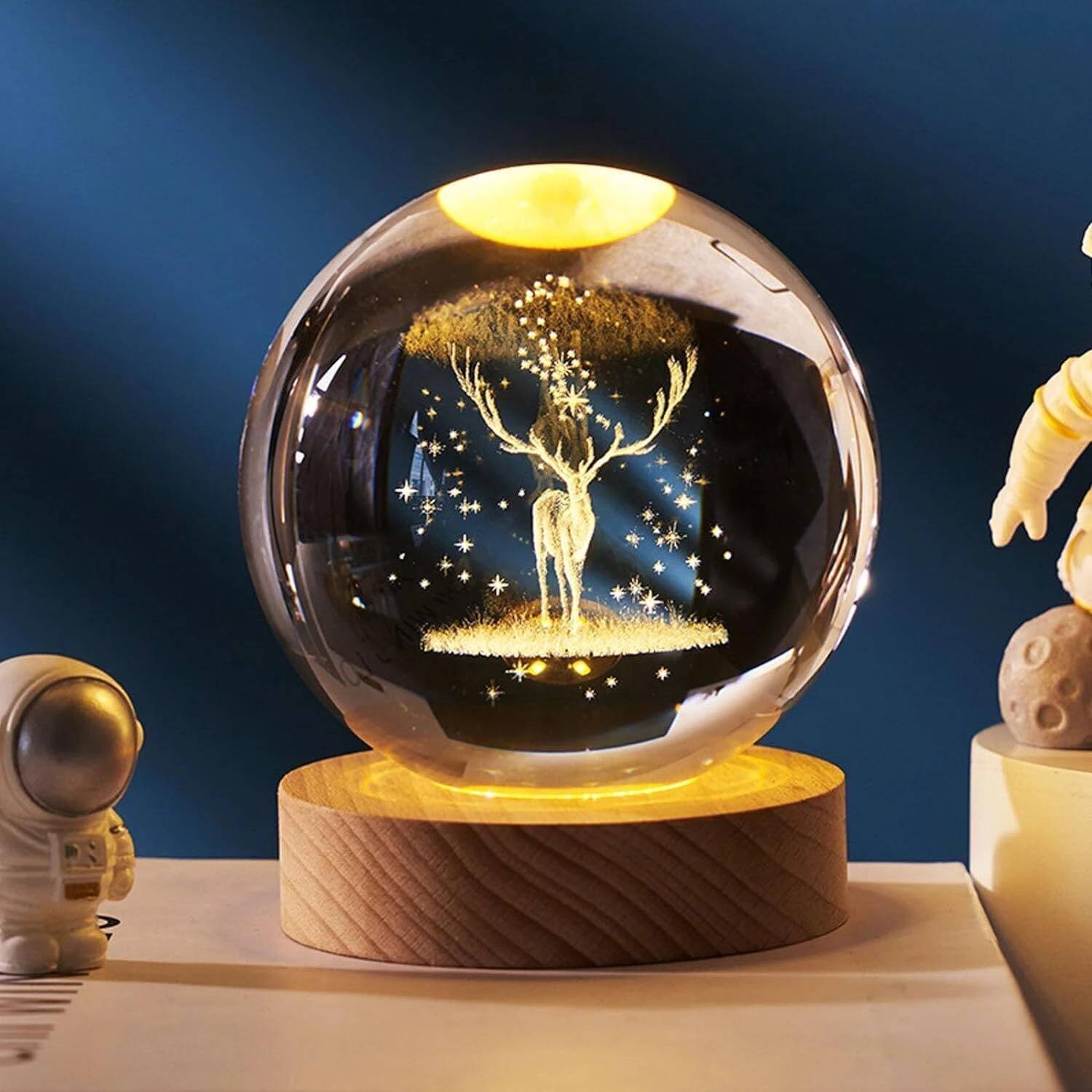 SHOPOGENIX 3D Deer Crystal Ball Night Lamp,Creative Engraved Crys