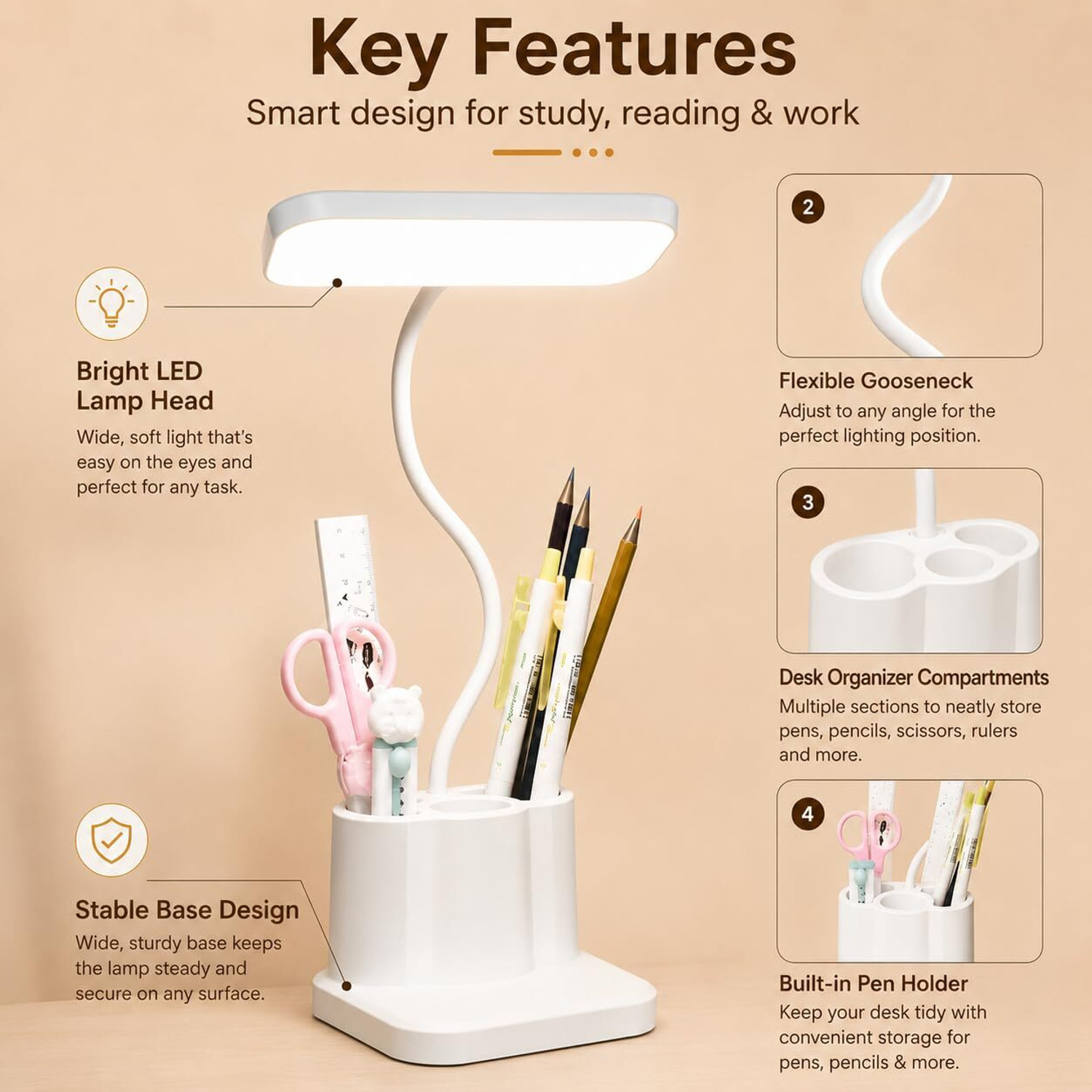 Image of Hokiit Rechargeable LED Study Lamp with Pen Stand & Mobile Holder Study Lamp
