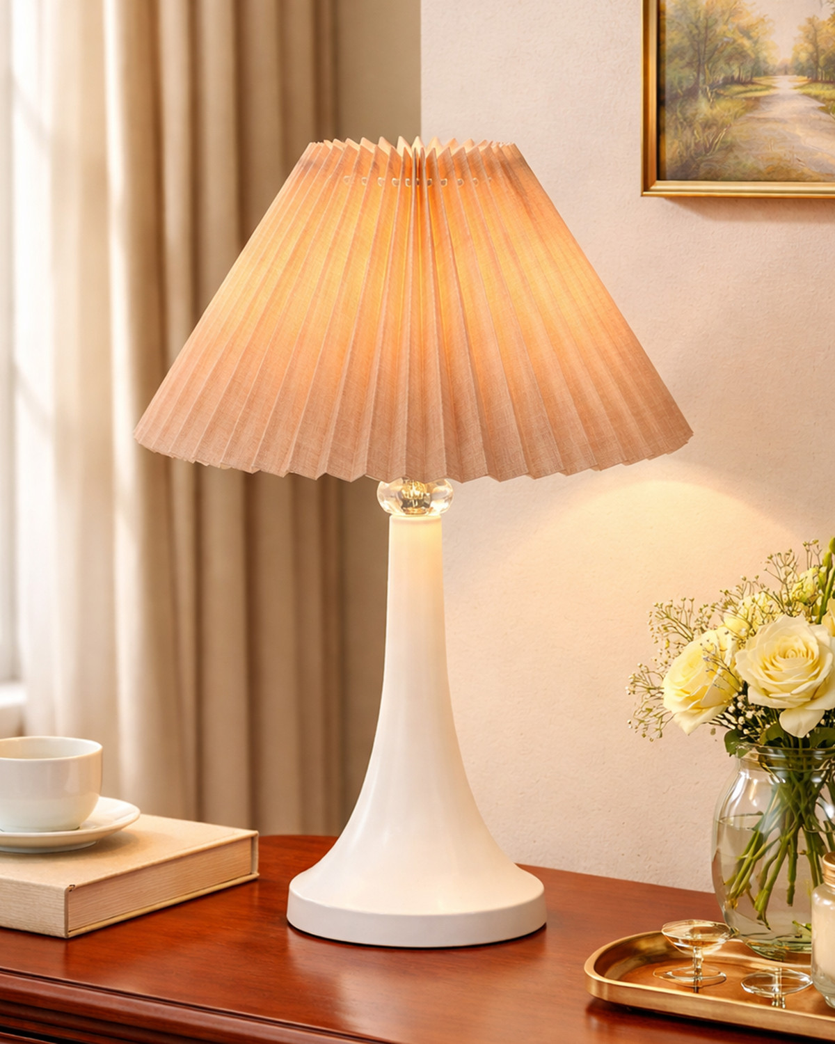 Image of Glowhere Farmhouse Matte Table Lamp, Pleated Beige Shade, E27 Bedside & Living Room Table Lamp