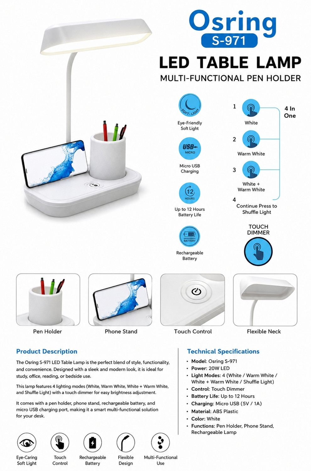 Image of Osring VELORANEST Rechargeable 3 Color Mode, LED Table /Study Lamp White Study Lamp