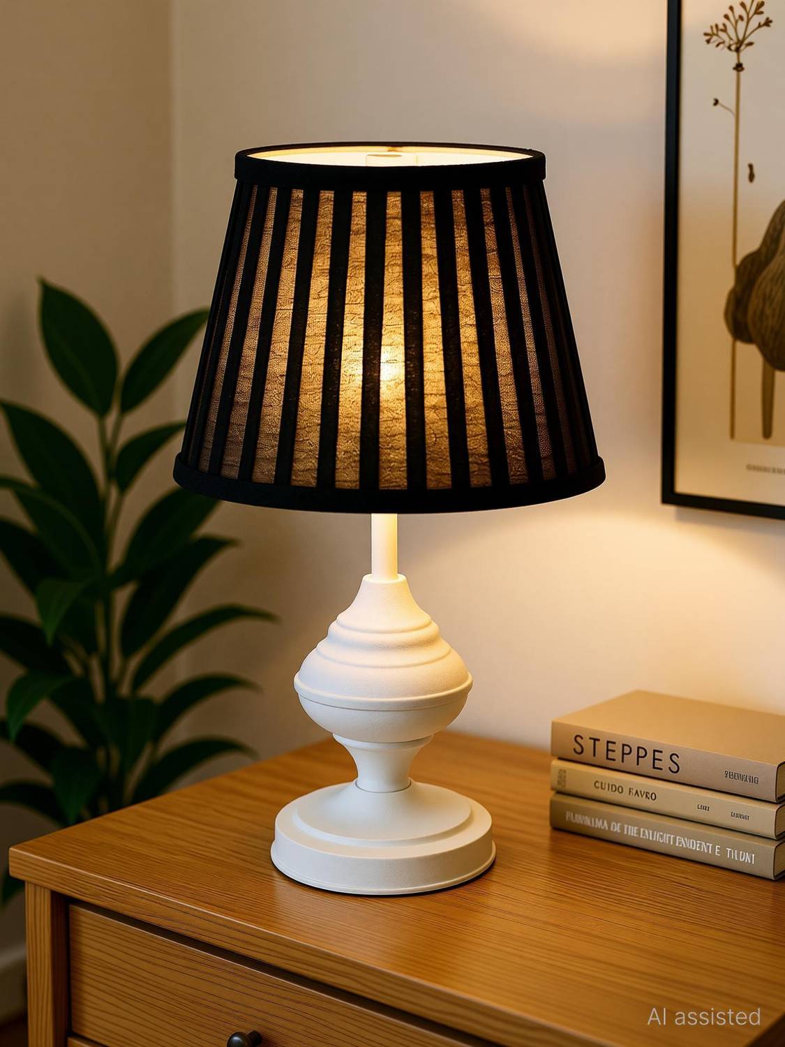 Glowhere Farmhouse Matte Table Lamp, Black Frill Fabric Shade for
