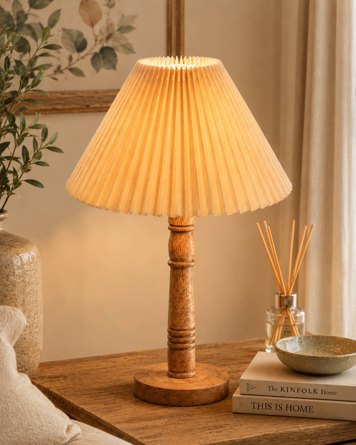 Glowhere Hand-Turned Wooden Stick Lamp with Beige Shade - Image 1