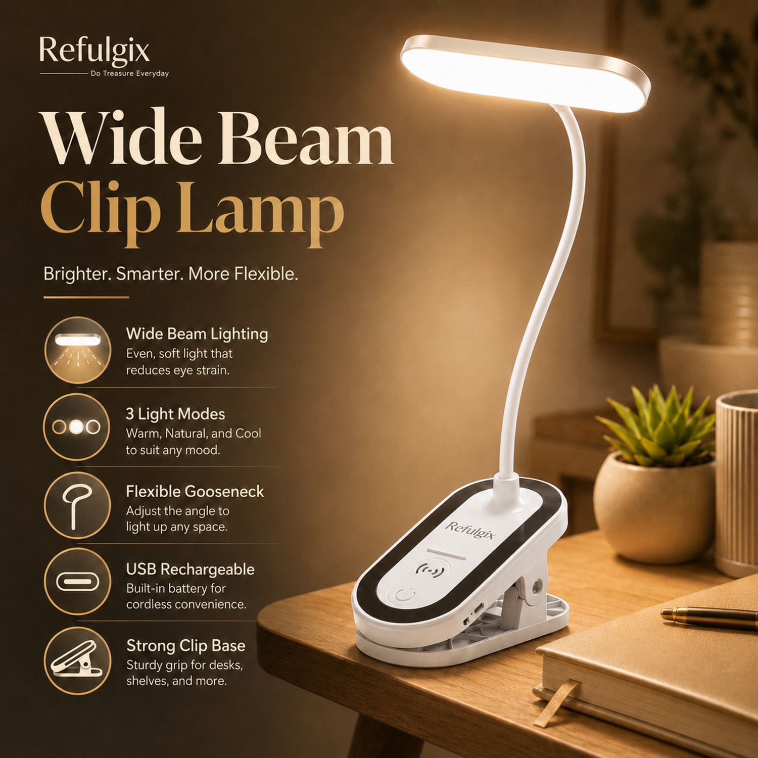 Image of Refulgix Rechargeable LED Clip Lamp, Flexible Neck Study Light for Desk, Bedside & Office Study Lamp