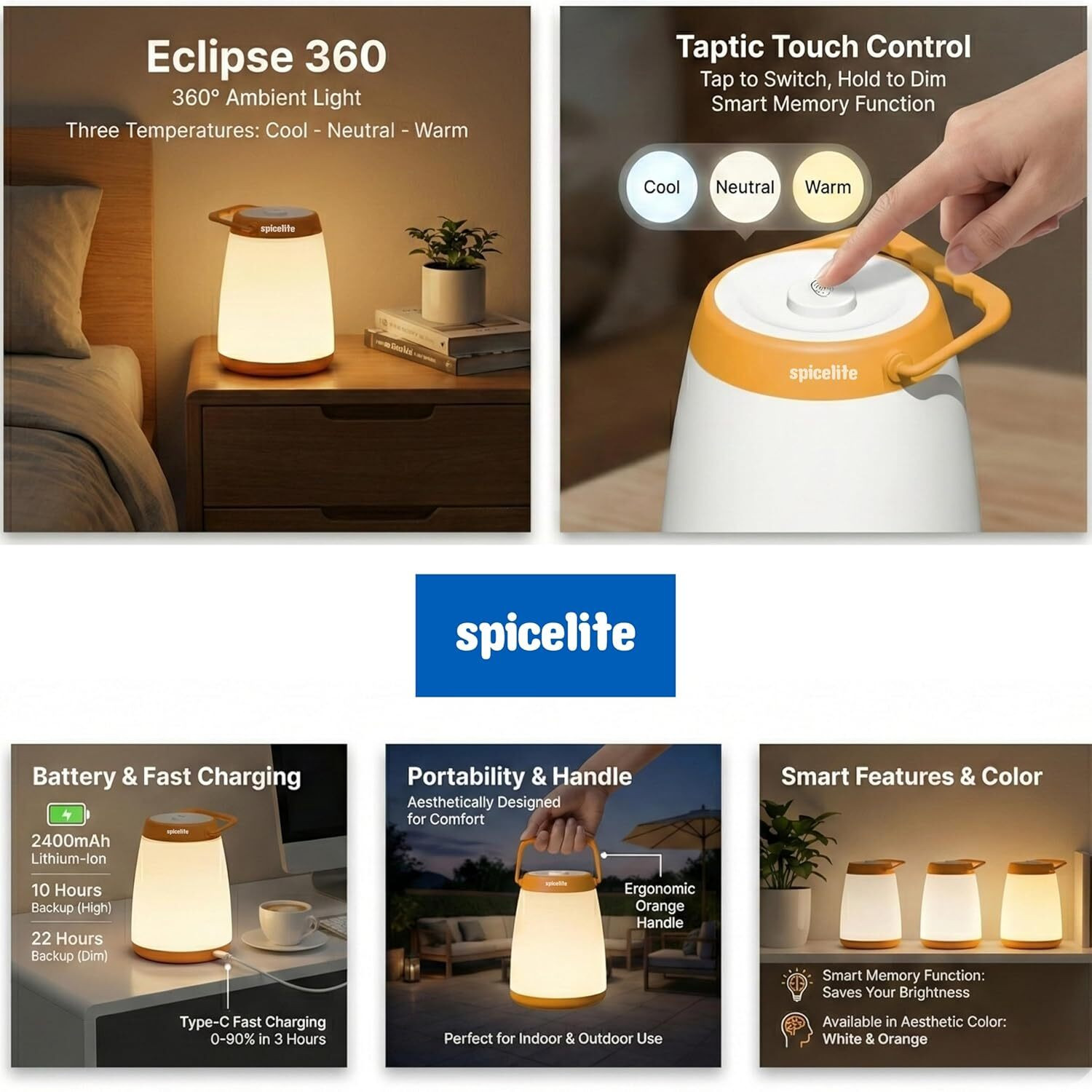Image of SPICELITE Eclipse 360 8W Emergency Light with Solar Panel | Touch Switch | All Round Table Lamp