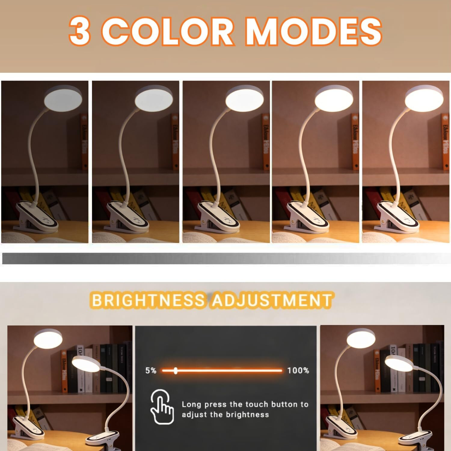 Image of Refulgix Rechargeable LED Clip Stand Table Lamp, 3 Modes, Dimmable Reading Light Study Lamp