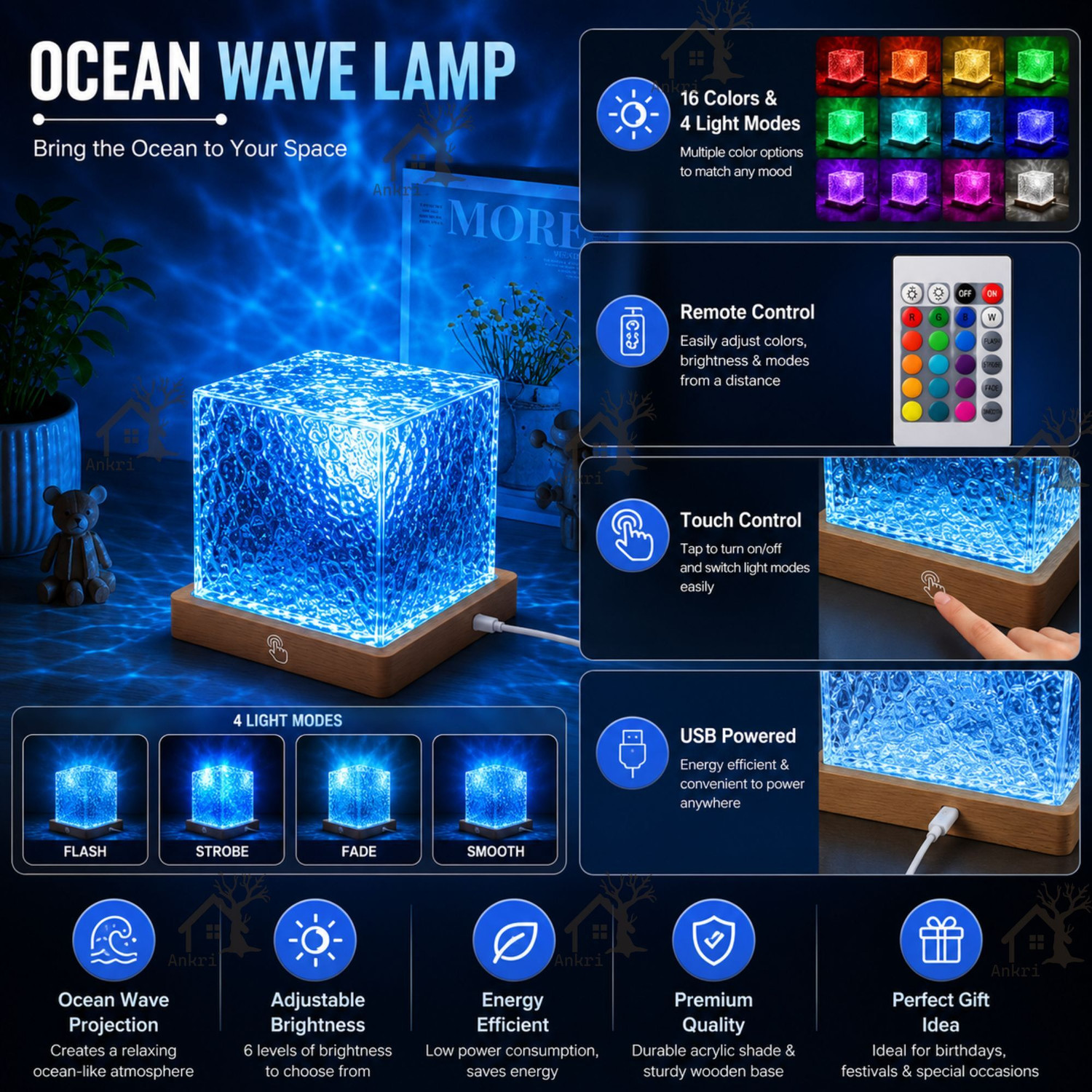 Image of ANKRI Ocean Wave Projector Light, Romantic LED with 3D Water Wave Effect Night Lamp