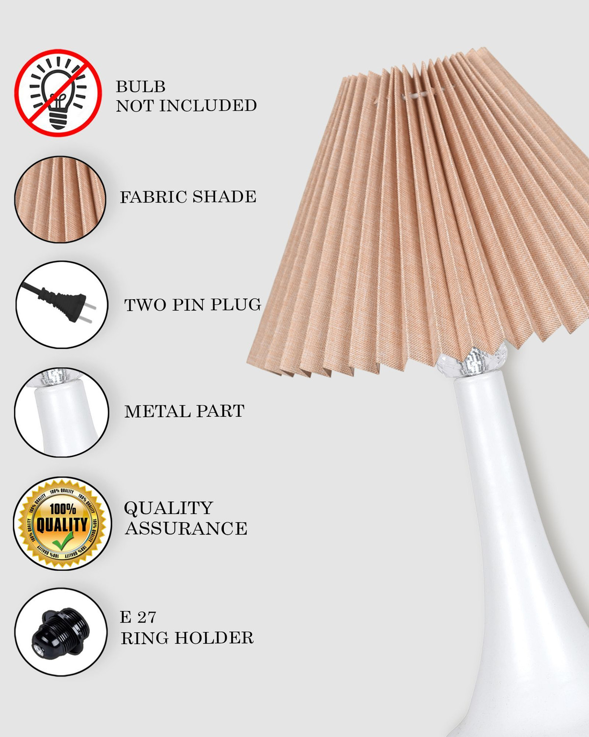 Image of Glowhere Farmhouse Matte Table Lamp, Pleated Beige Shade, E27 Bedside & Living Room Table Lamp