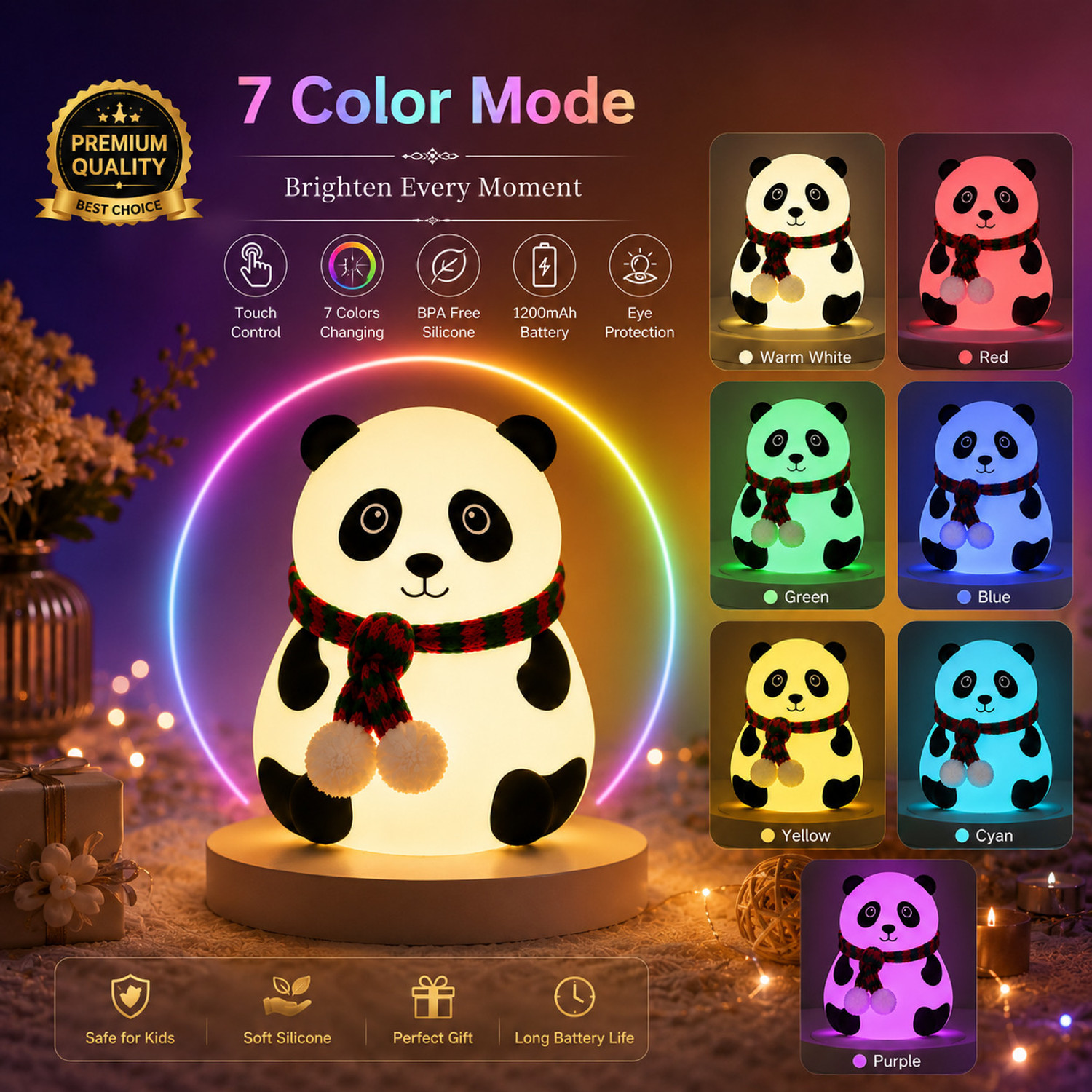 Image of MAA BHAWANI HANDICRAFTS Cute Panda Bedside Night Lamp with 7 Color LED and Warm Light Decorative Showpiece - 13 cm