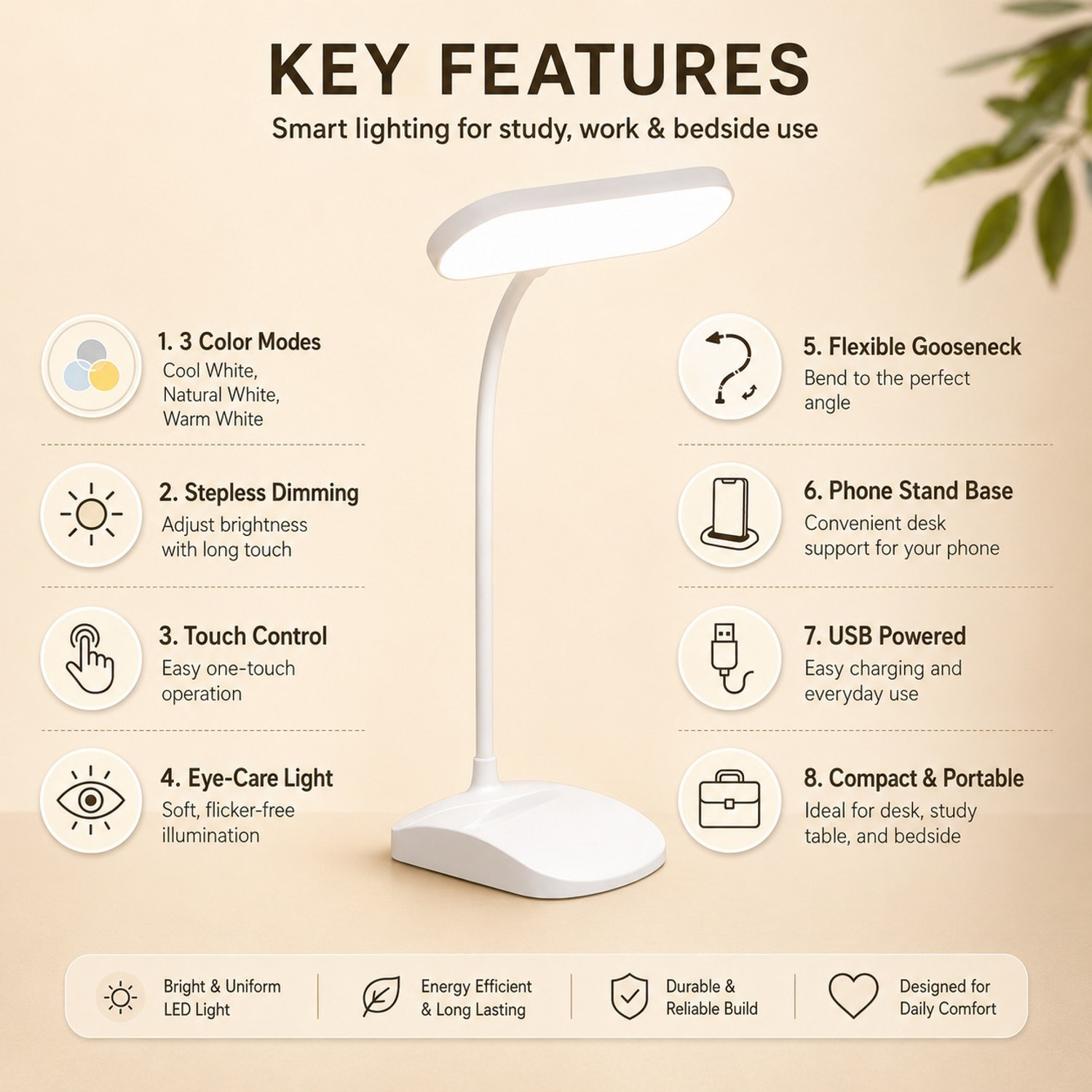 Image of One94Store SlimGlow Rechargeable LED Table Lamp with Phone Holder | 3 Light Study Lamp