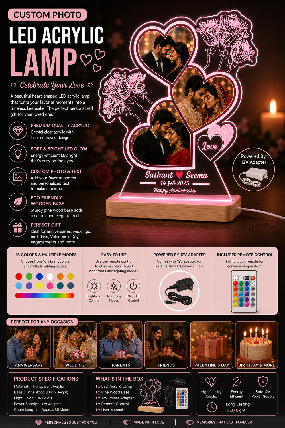 Image of ART ENTERPRISES 3D Personalized Photo Lamp | Perfect Valentine | Birthday | Anniversary Gift Decorative Showpiece - 22.2 cm (Glass, Multicolor)