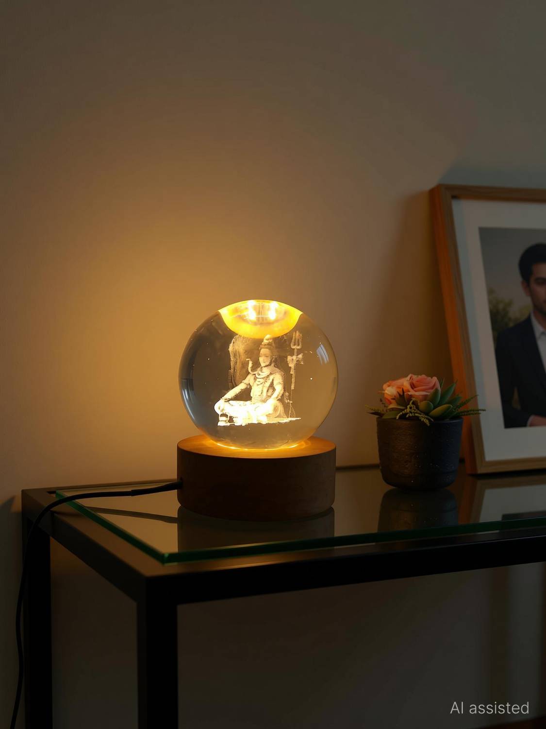 carfrill 3D Crystal Ball Night Light with Wooden Base (Lord Shiva) Table Lamp
