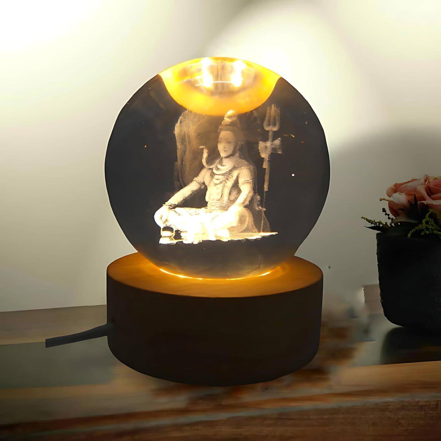 carfrill 3D Crystal Ball Night Light with Wooden Base (Lord Shiva