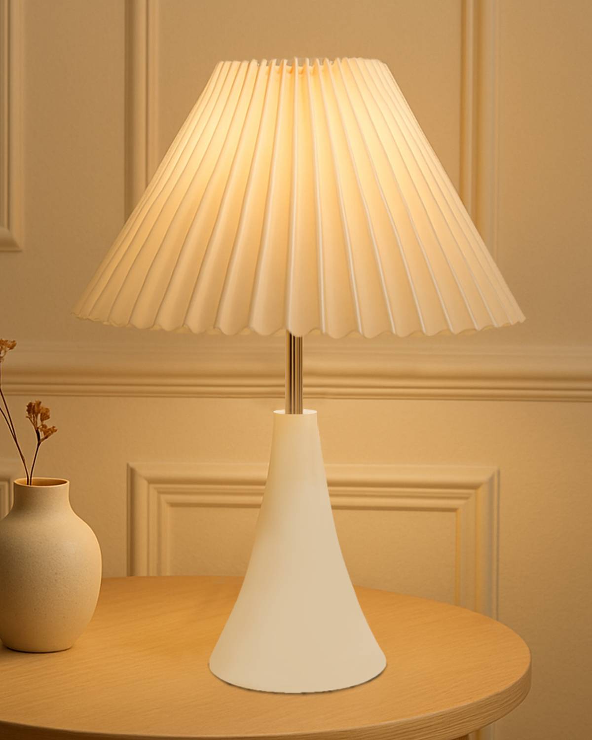 Glowhere Matte White Bedside Lamp, Pleated Off-White Fabric Shade