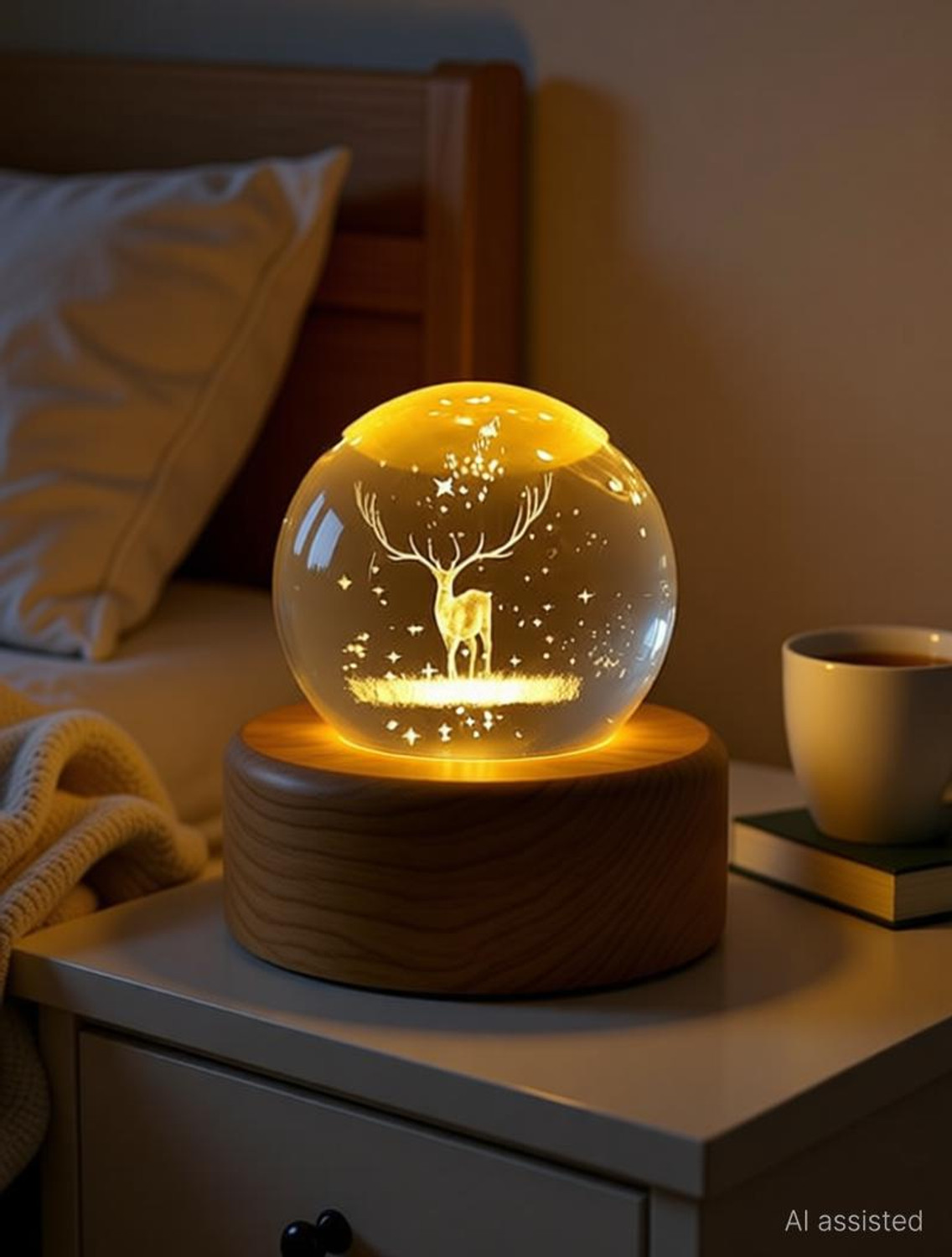 Image of ENTRYZONE 3D deer lamp creative crystal ball night light USB LED Wooden Home Office Night Lamp