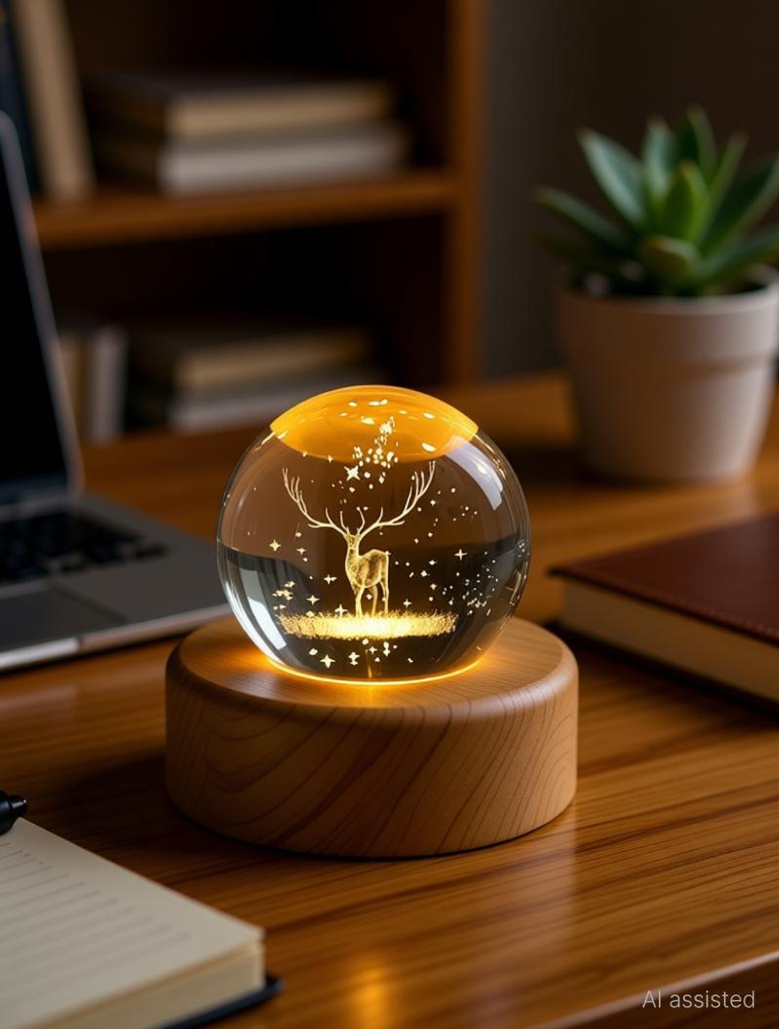 Image of ENTRYZONE 3D deer lamp creative crystal ball night light USB LED Wooden Home Office Night Lamp