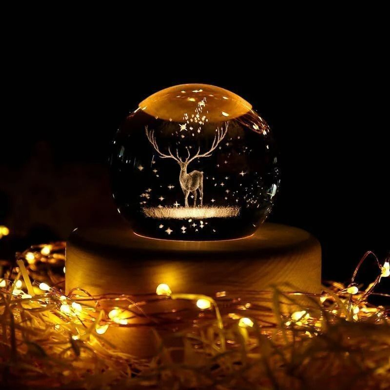 Image of ENTRYZONE 3D deer lamp creative crystal ball night light USB LED Wooden Home Office Night Lamp